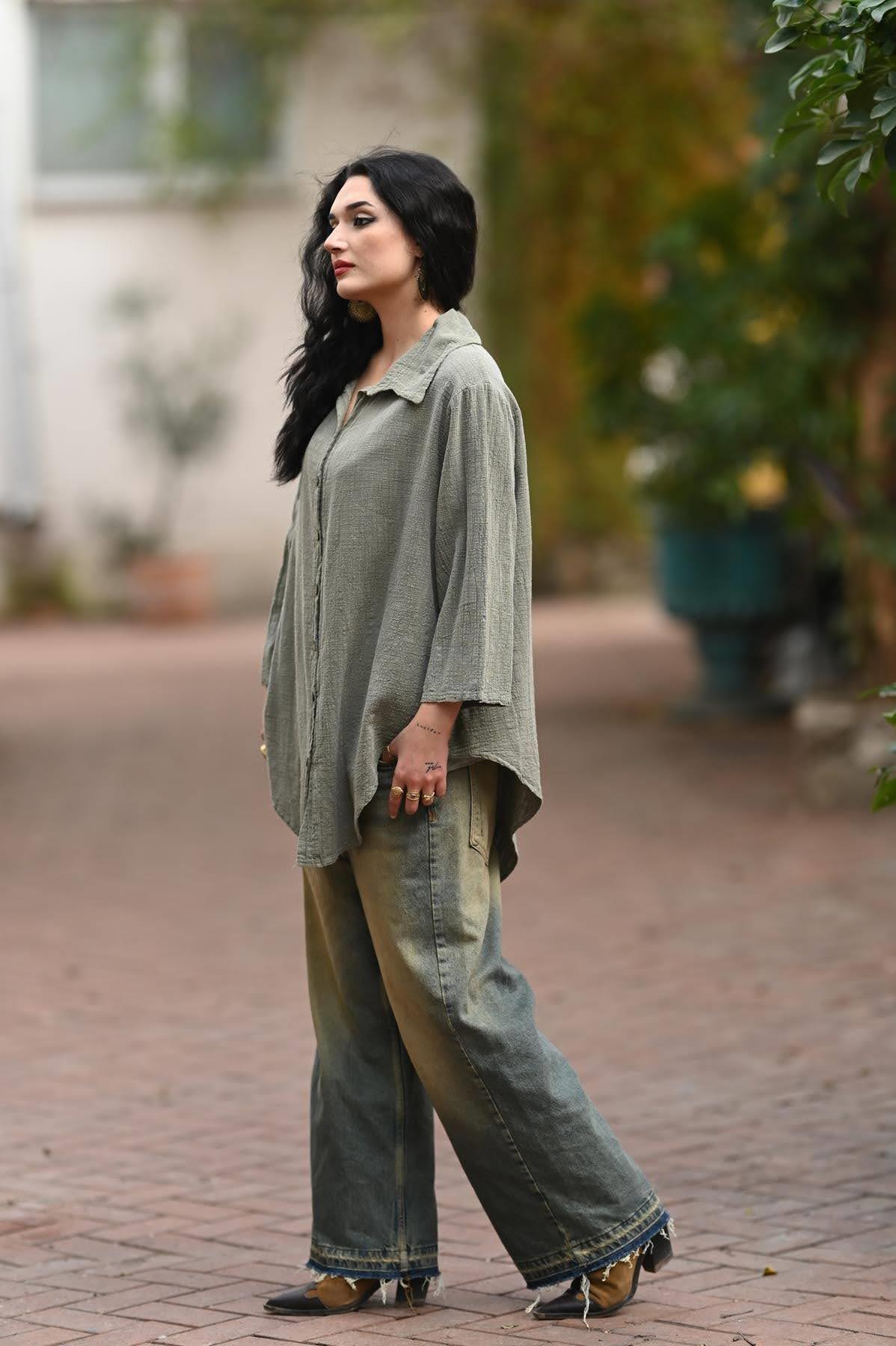 Haki Uzun Oversize Gömlek