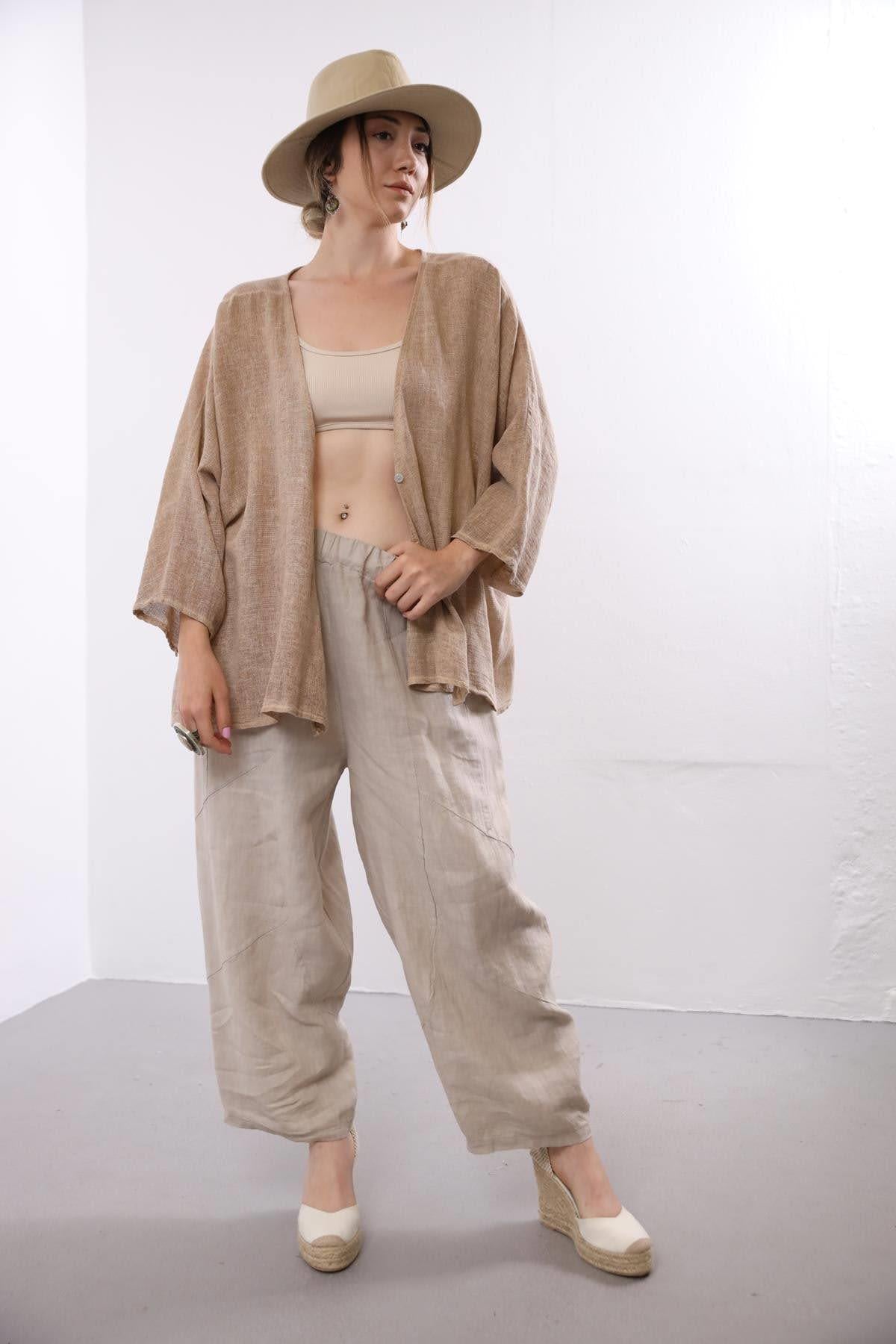 Camel Rengi Tek Düğme Keten Hırka - Şaman Butik Camel Rengi Tek Düğme Keten Hırka
