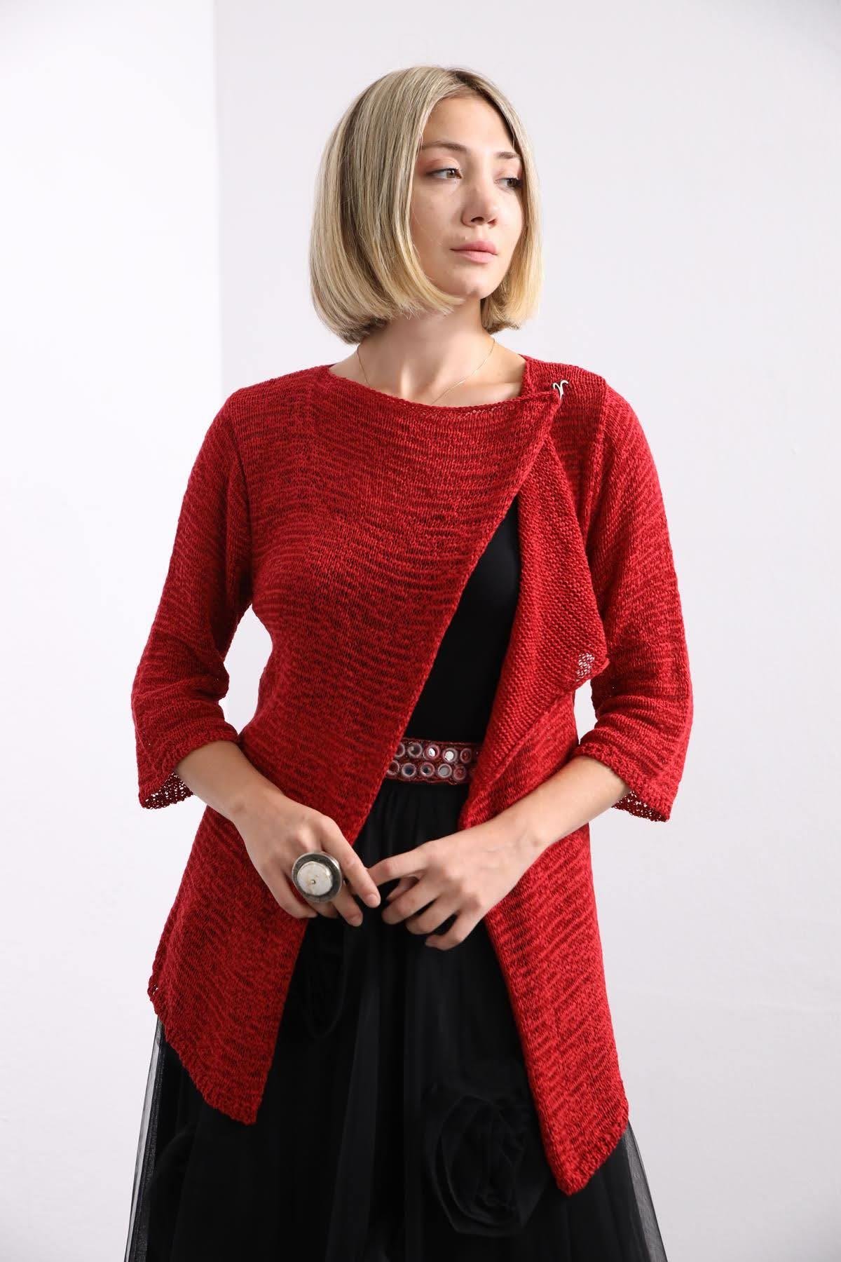 Kırmızı Kanca Detaylı Merserize Hırka - Şaman Butik Kırmızı Kanca Detaylı Merserize Hırka