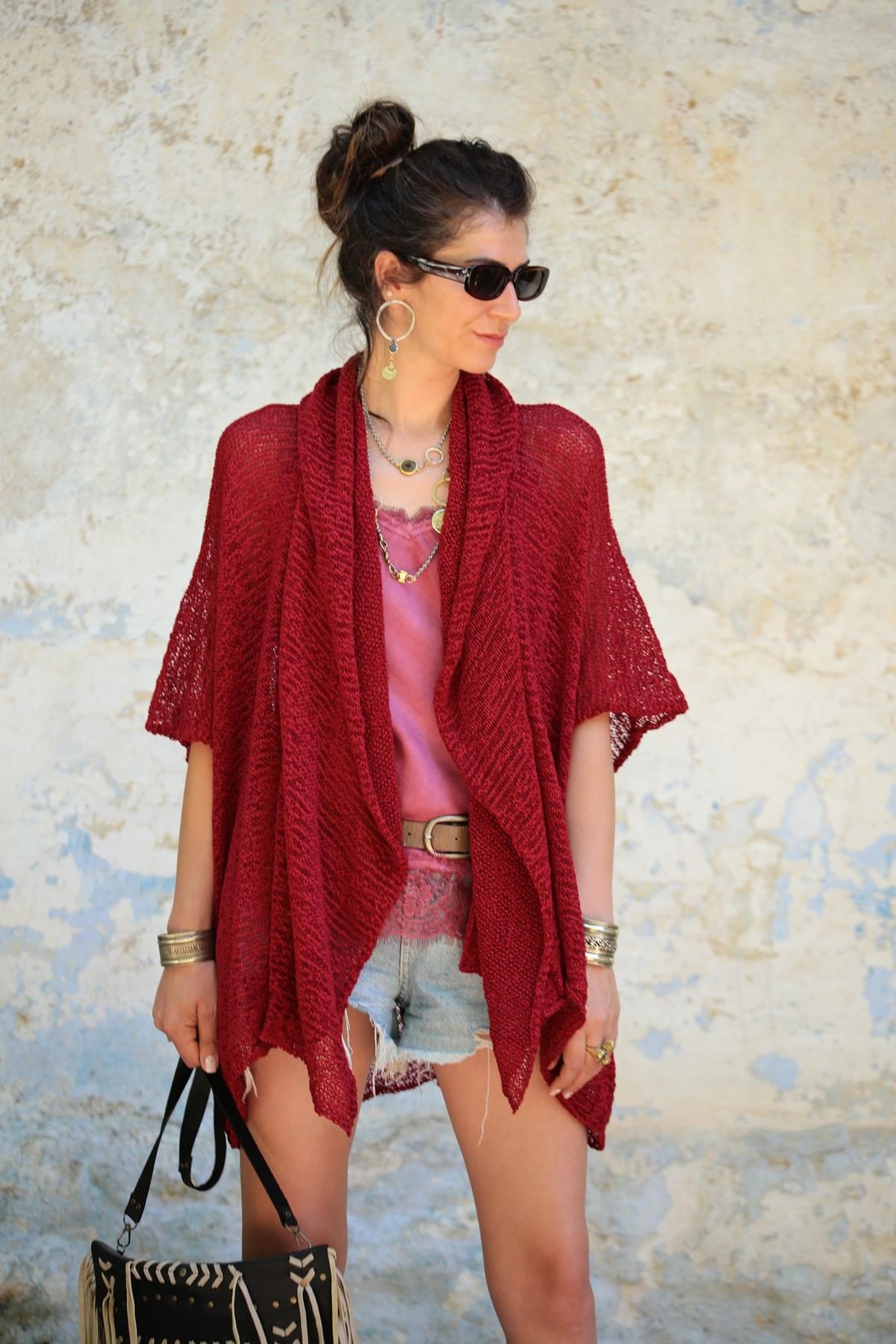 Kırmızı Şal Yaka Merserize Hırka - Şaman Butik Kırmızı Şal Yaka Merserize Hırka