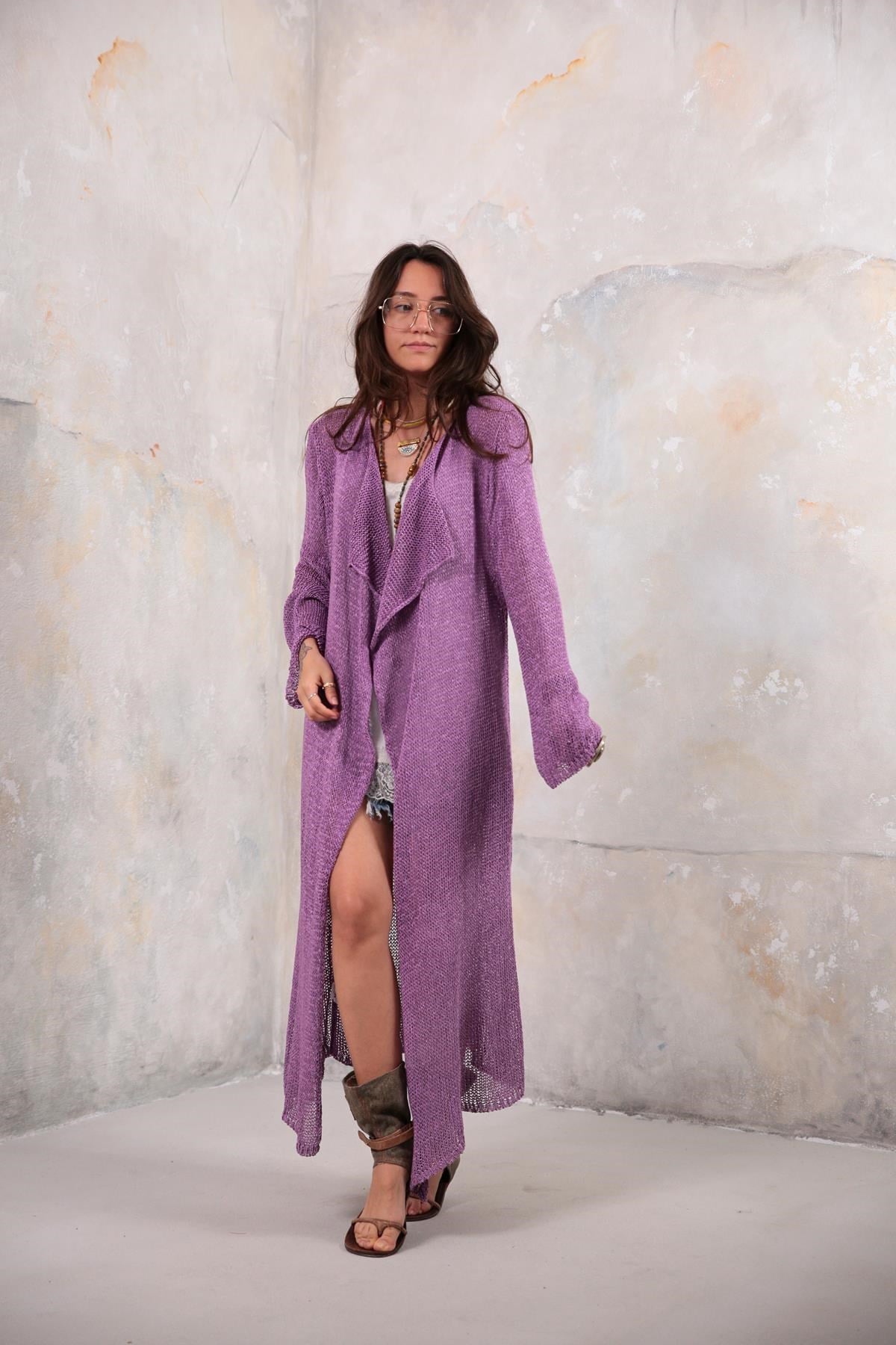 Mor Yakalı Uzun Merserize Hırka - Şaman Butik Mor Yakalı Uzun Merserize Hırka 