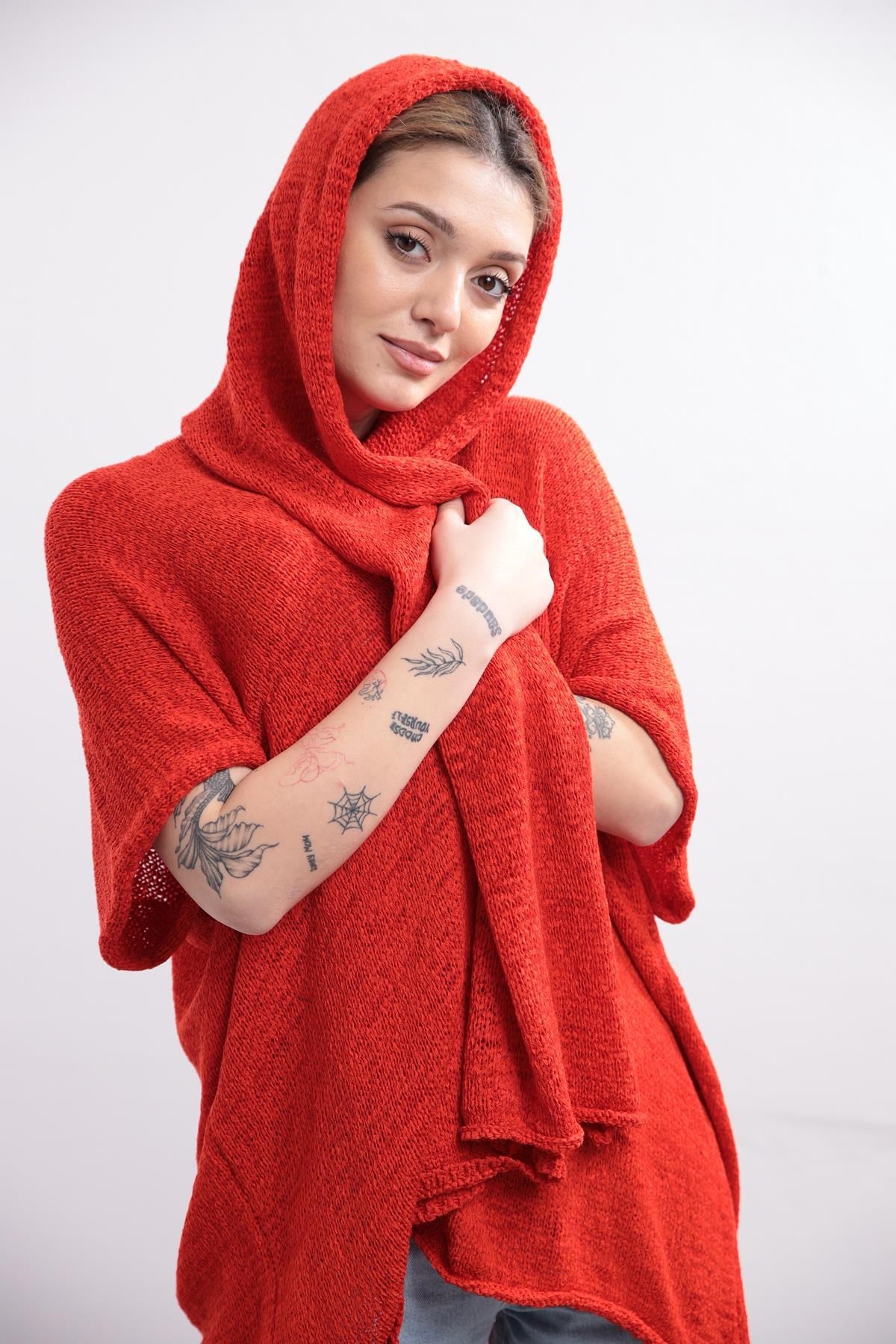 Nar Çiçeği Kapüşonlu Merserize Hırka - Şaman Butik Nar Çiçeği Kapüşonlu Merserize Hırka