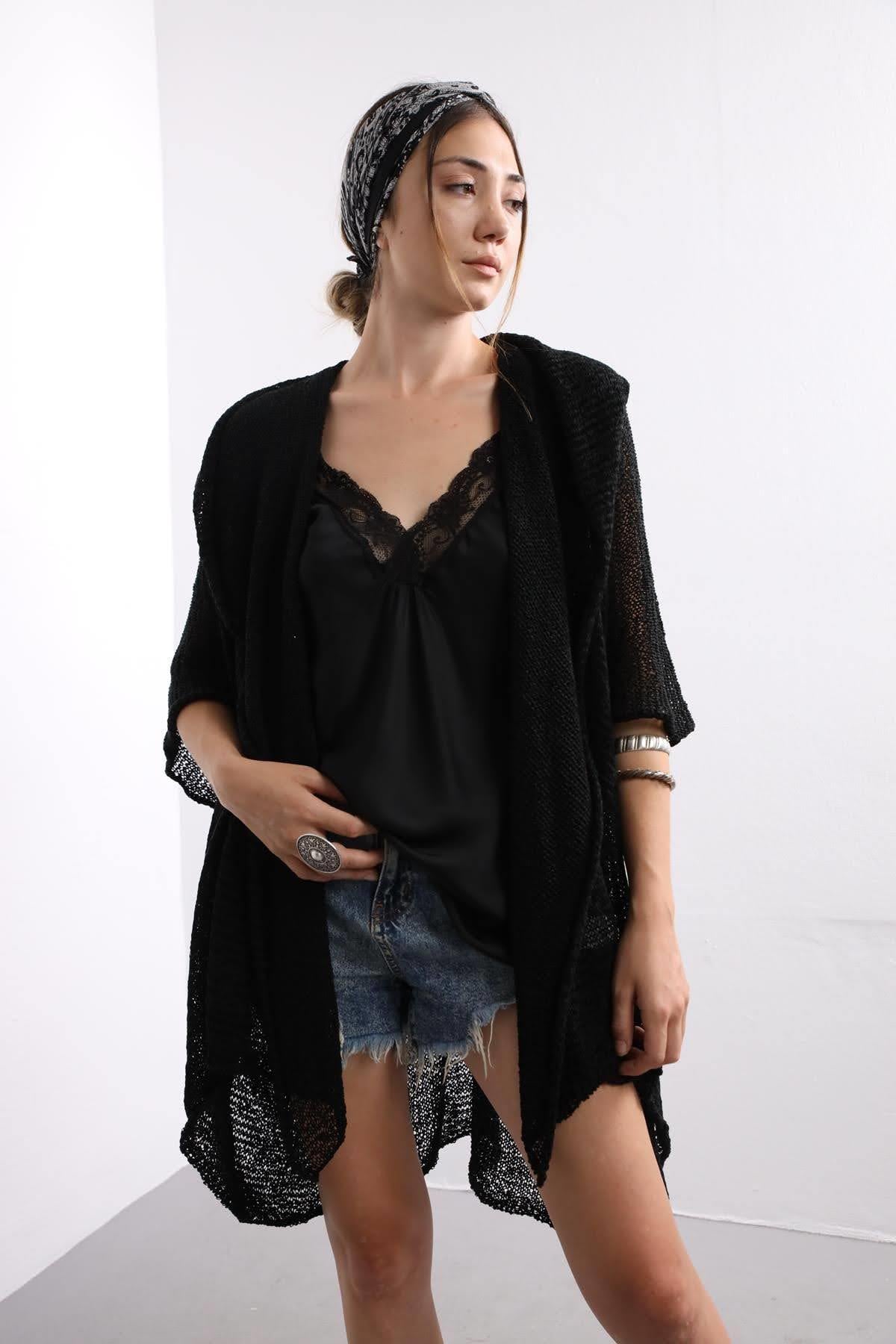 Siyah Kapüşonlu Merserize Hırka - Şaman Butik - Bohem Giyim ve Aksesuar | Kadın & Erkek Siyah Kapüşonlu Merserize Hırka