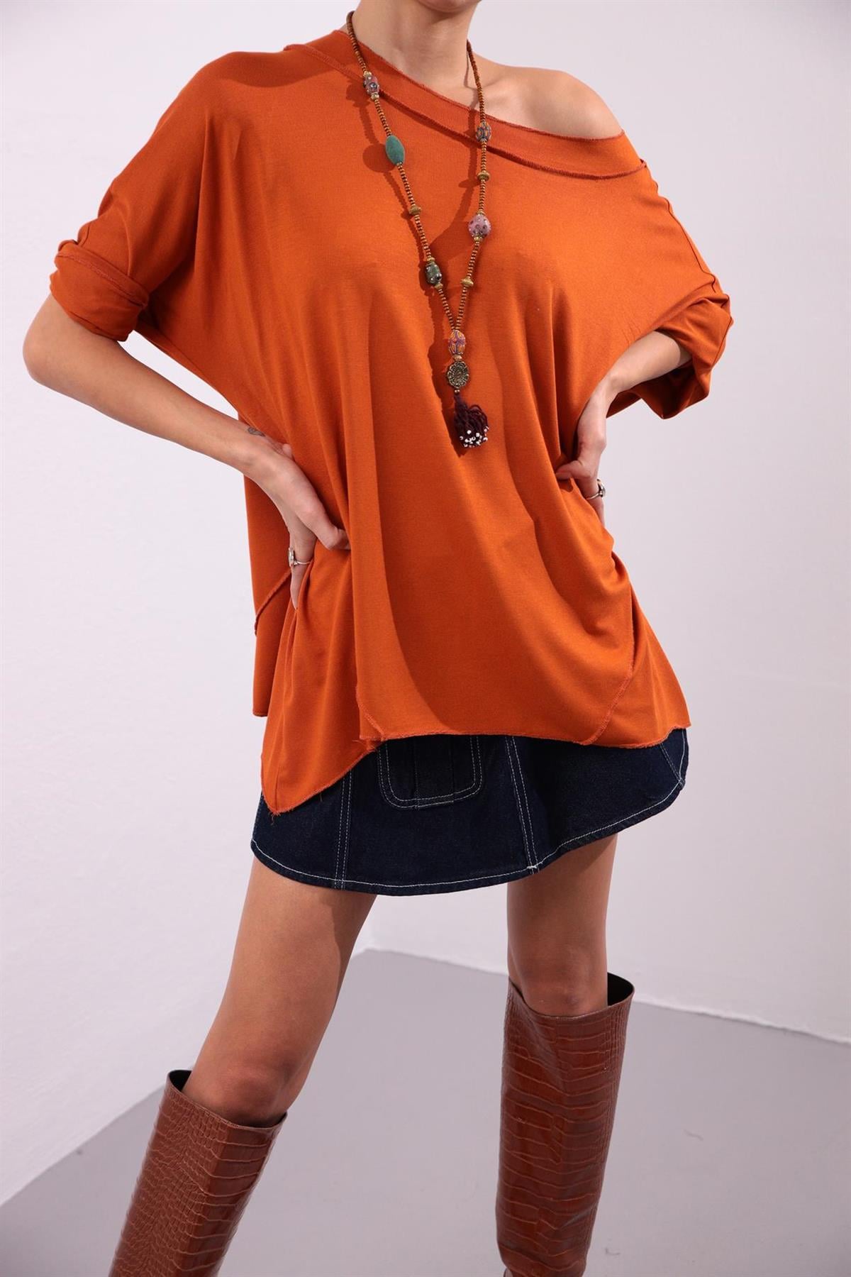 Tile Color Boat Neck Stitch Detail Blouse Tile Color Boat Neck Stitch Detail Blouse