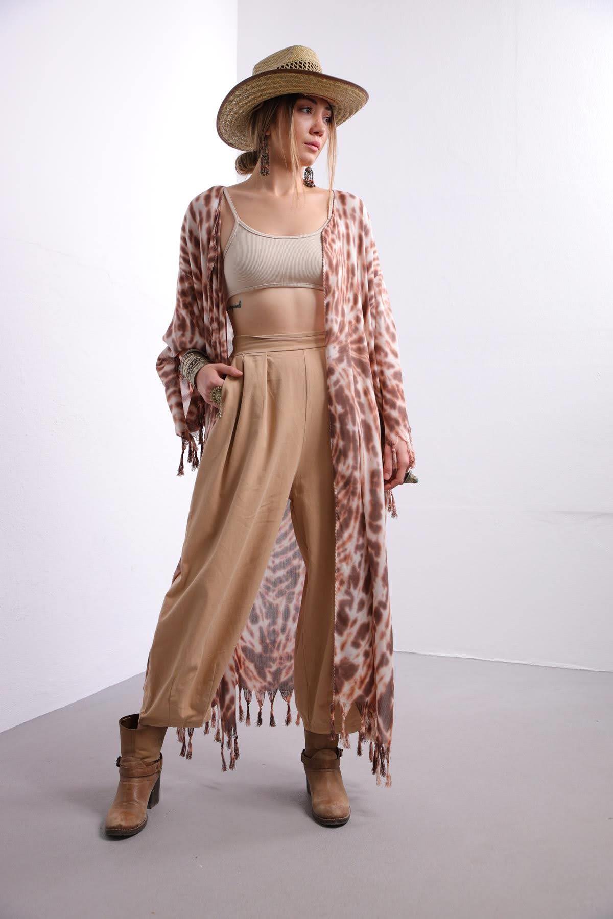 Bej Batik Desenli Saçaklı Kaftan - Şaman Butik Bej Batik Desenli Saçaklı Kaftan
