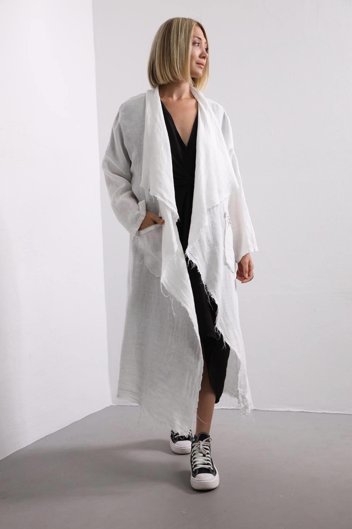  Beyaz Saçaklı Cebi Fermuarlı Keten Kaftan