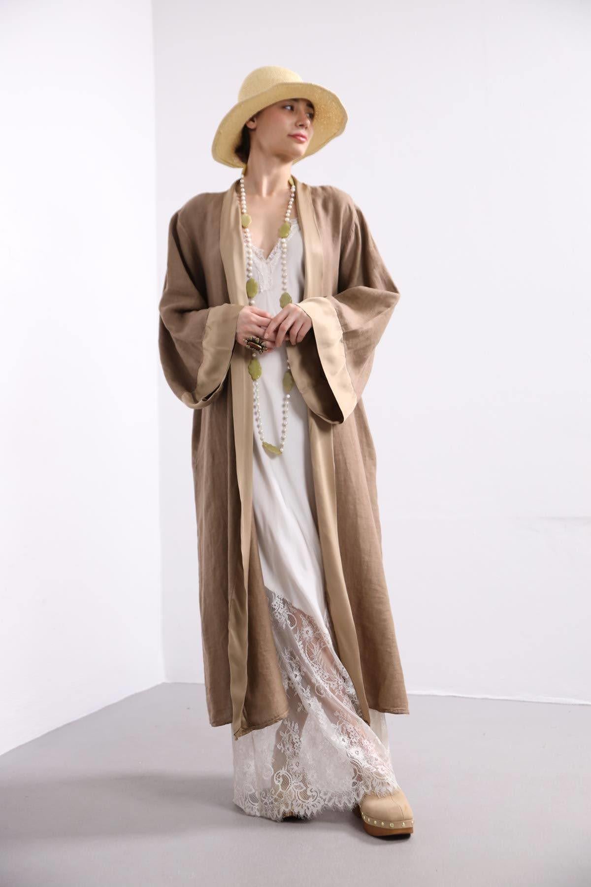  Camel Rengi İpek Dataylı Keten Kaftan