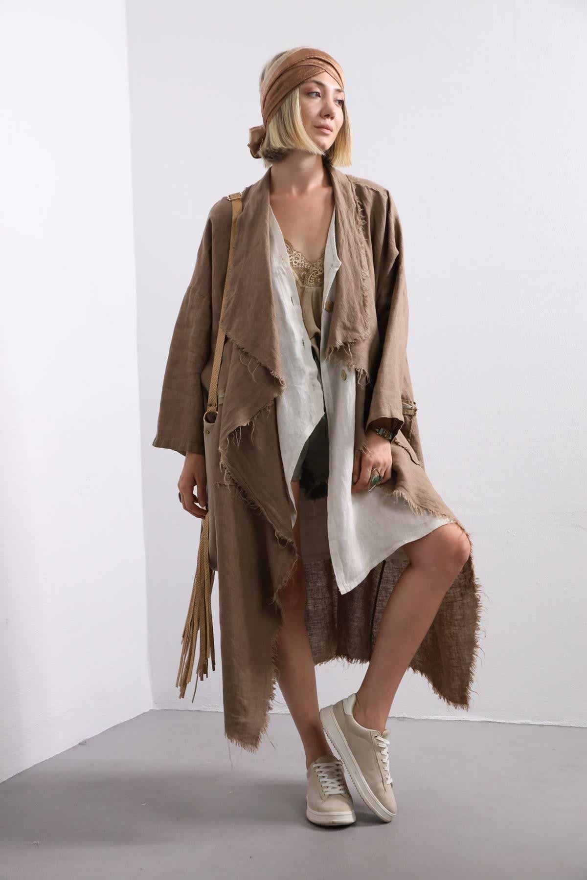  Camel Rengi Saçaklı Cebi Fermuarlı Keten Kaftan