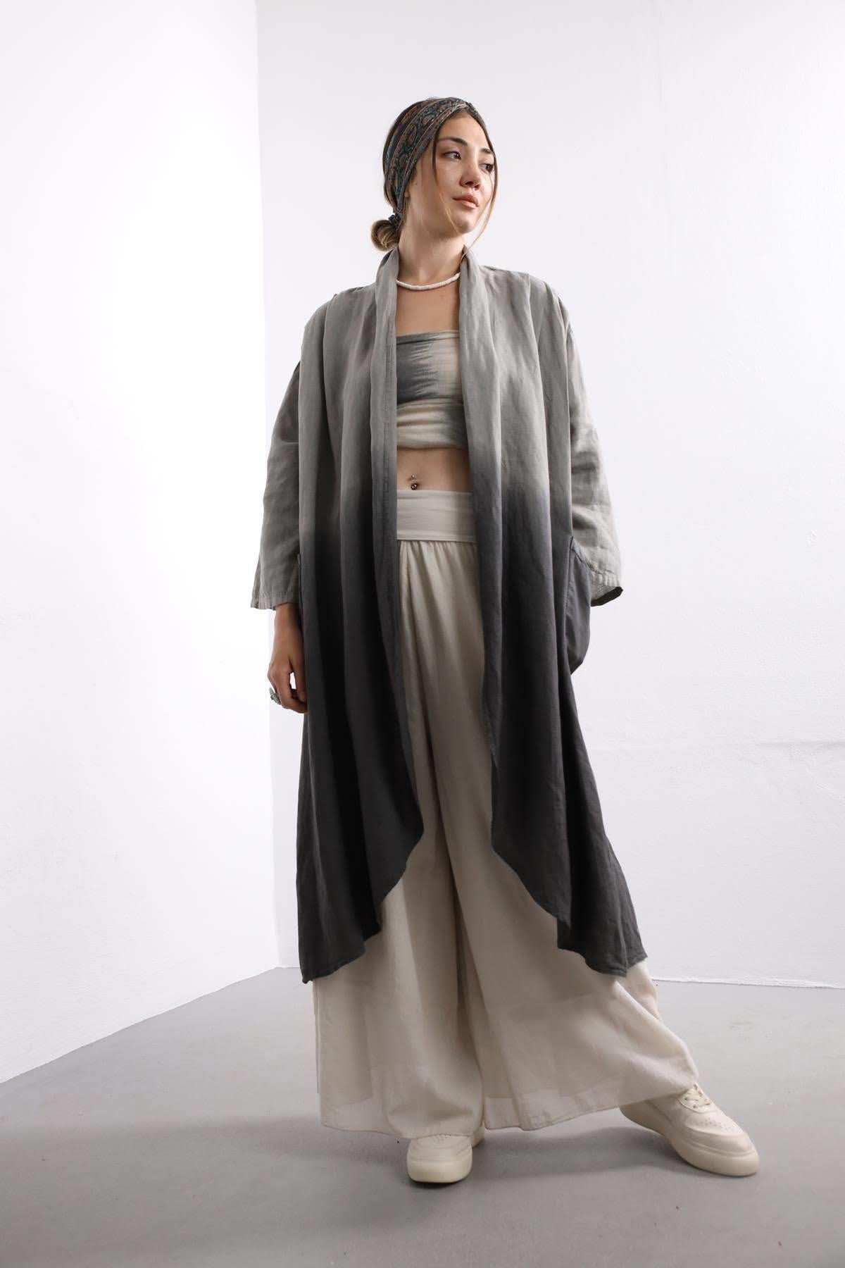 Gri Renk Geçişli Keten Kaftan - Şaman Butikl Gri Renk Geçişli Keten Kaftan