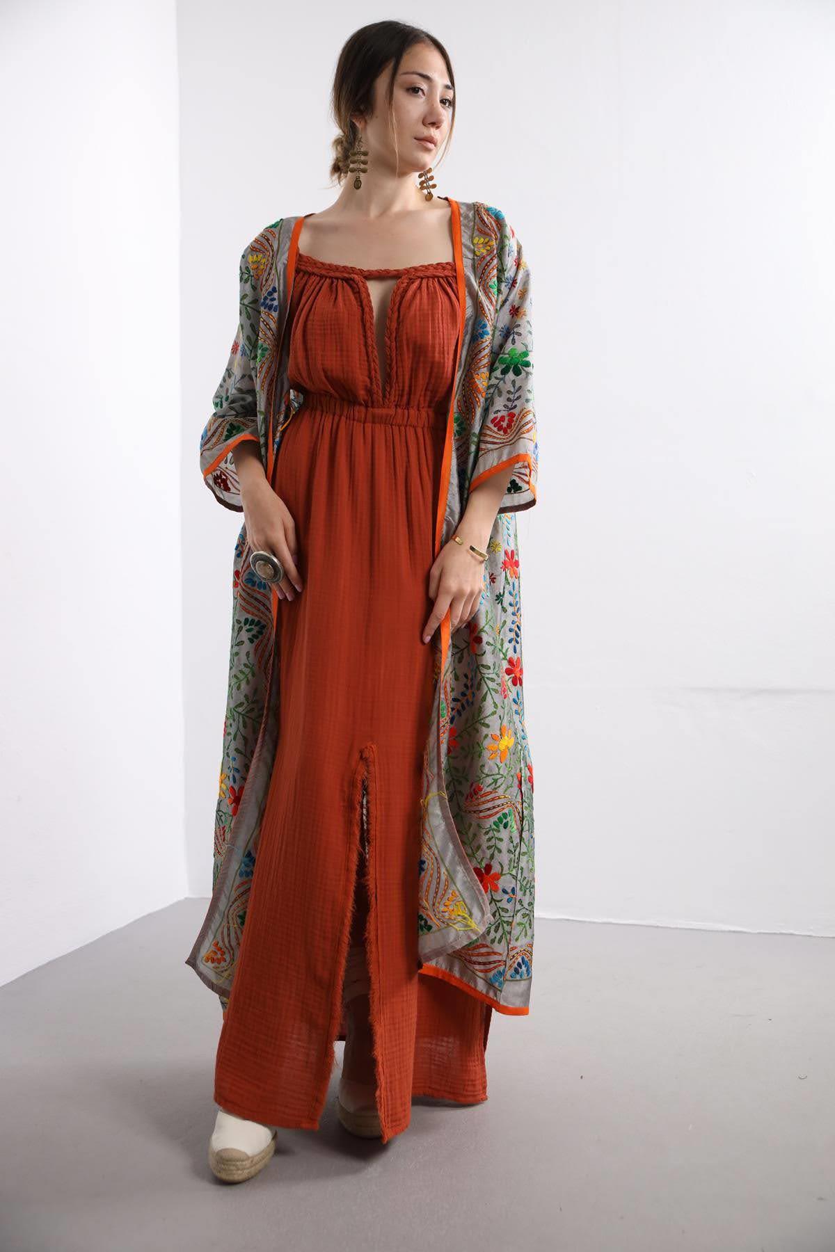 Gri Turuncu Dikişli Bohem Kaftan - Şaman Butik Gri Turuncu Dikişli Bohem Kaftan