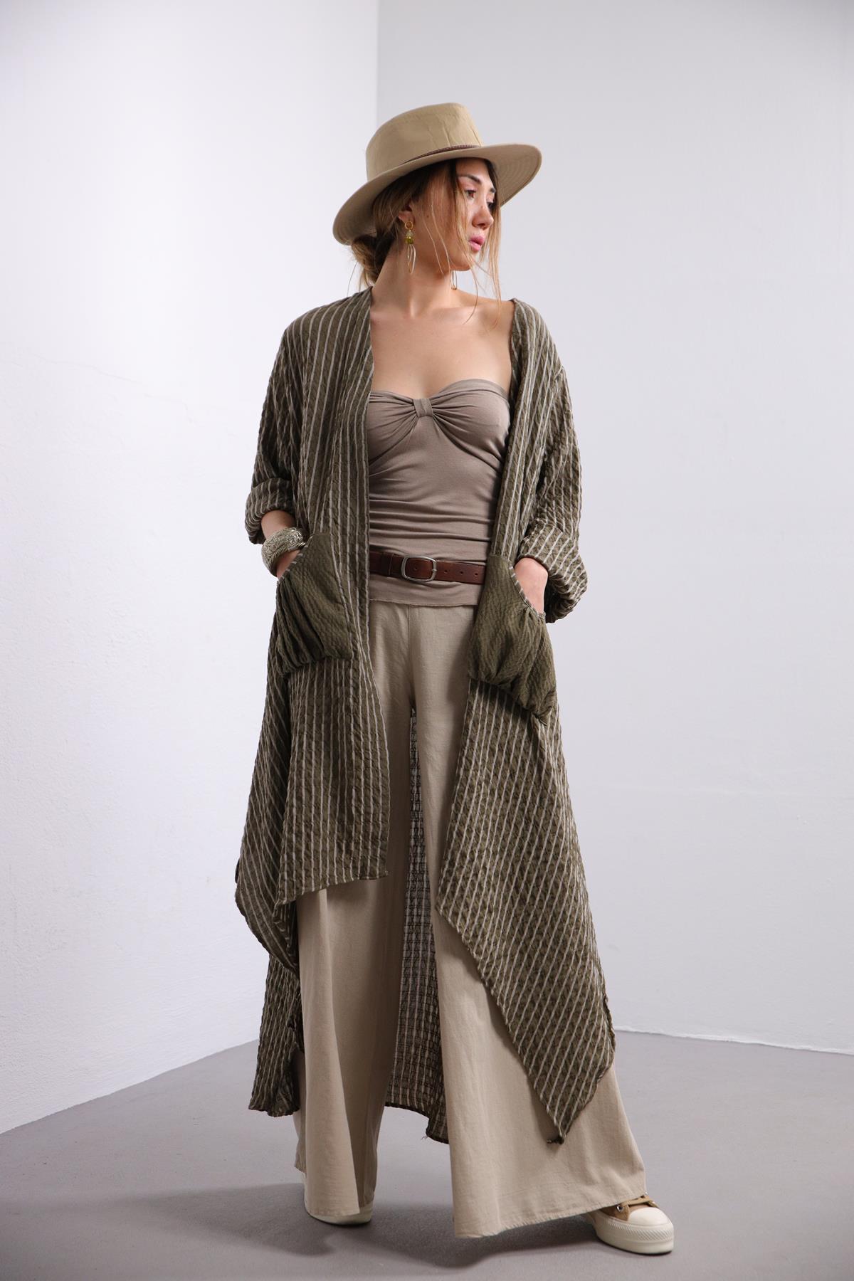 Khaki Seersucker Caftan Khaki Seersucker Caftan