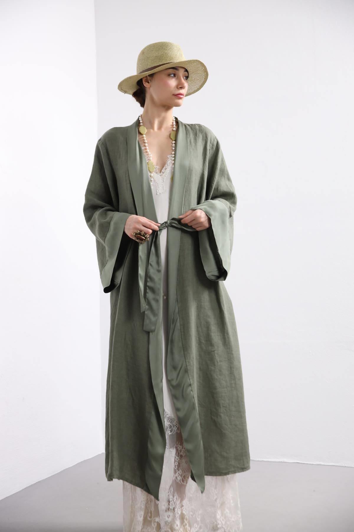  Haki İpek Detaylı Keten Kaftan