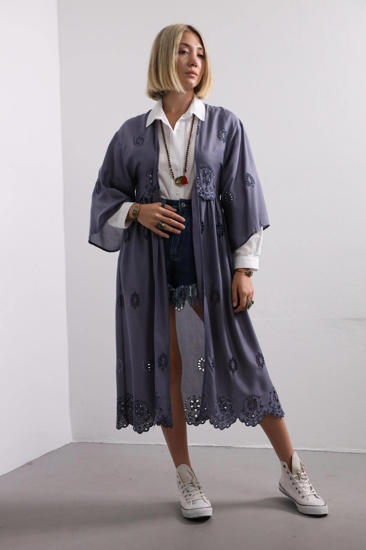 İndigo Rengi Lazer Kesim Kaftan - Şaman Butik İndigo Rengi Lazer Kesim Kaftan