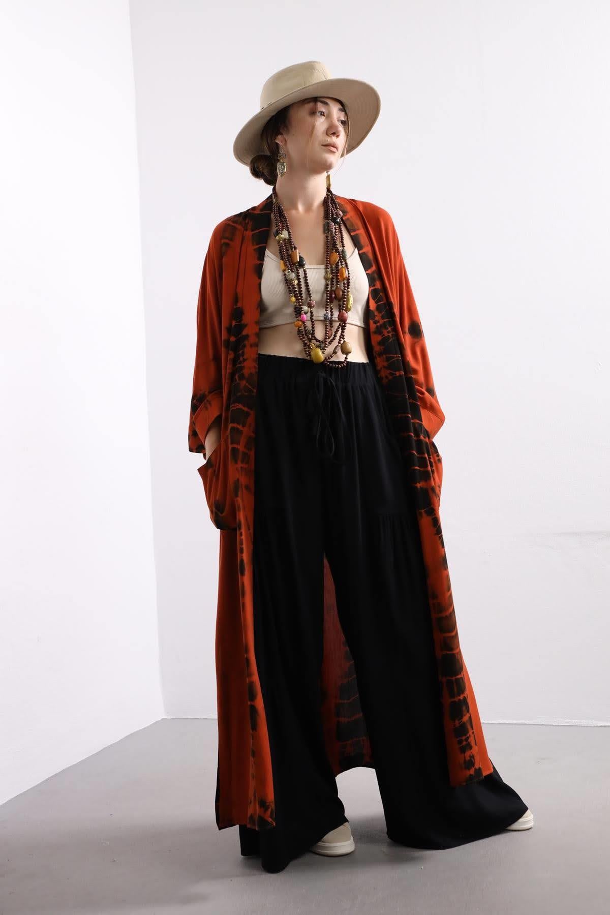 Kiremit Rengi Batik Desenli Kimono - Şaman Butik - Bohem Giyim ve Aksesuar | Kadın & Erkek Kiremit Rengi Batik Desenli Kimono