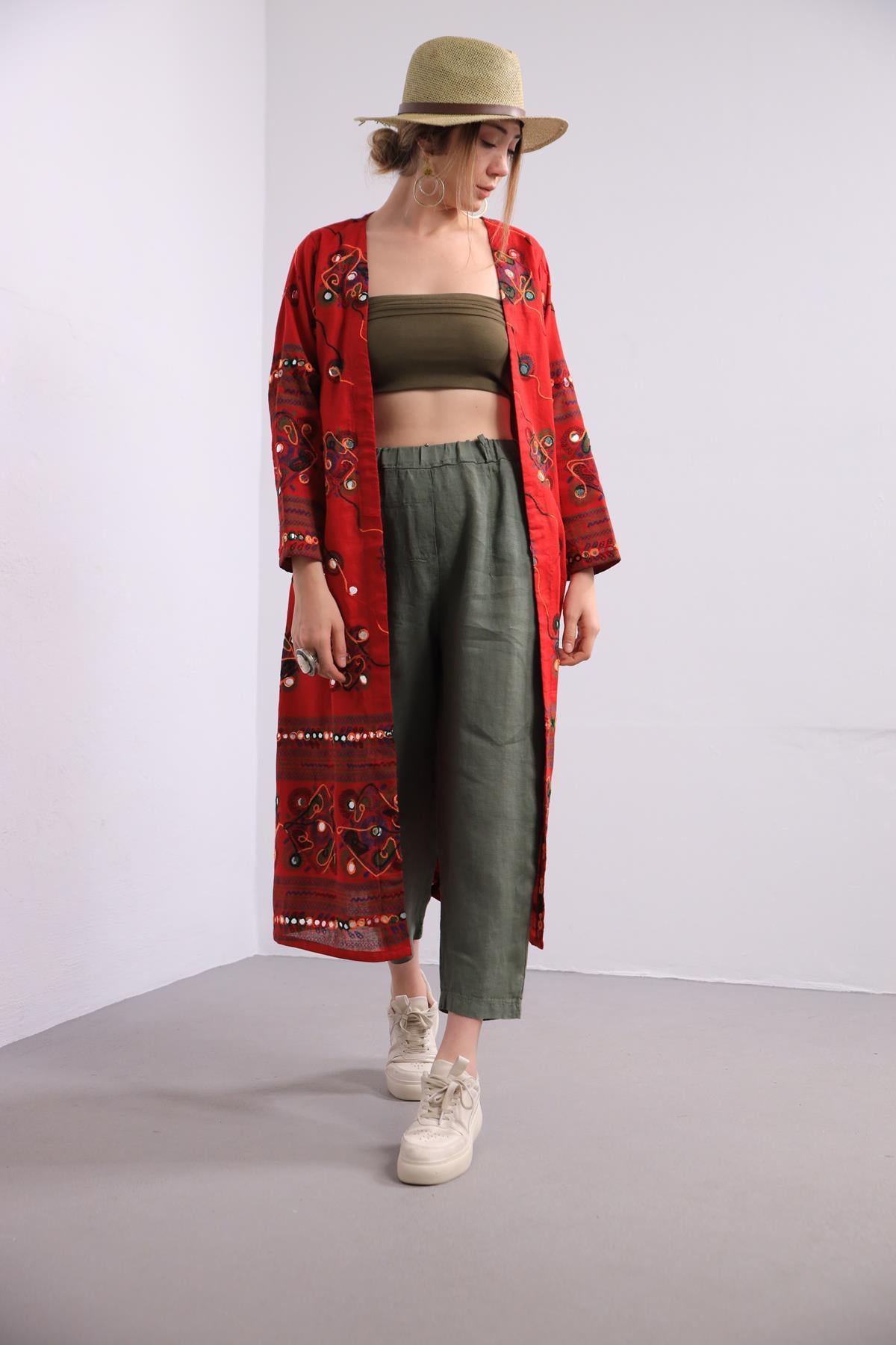 Kırmızı Renkli İşlemeli Aynalı Kaftan - Şaman Butik Kırmızı Renkli İşlemeli Aynalı Kaftan