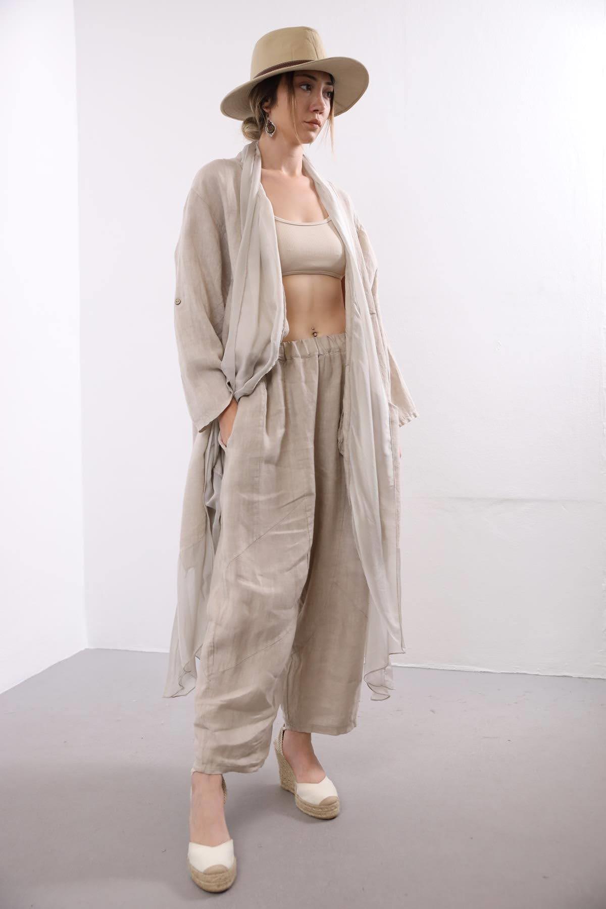Krem Rengi İpek Detaylı Cepli Kaftan - Şaman Butik Krem Rengi İpek Detaylı Cepli Kaftan