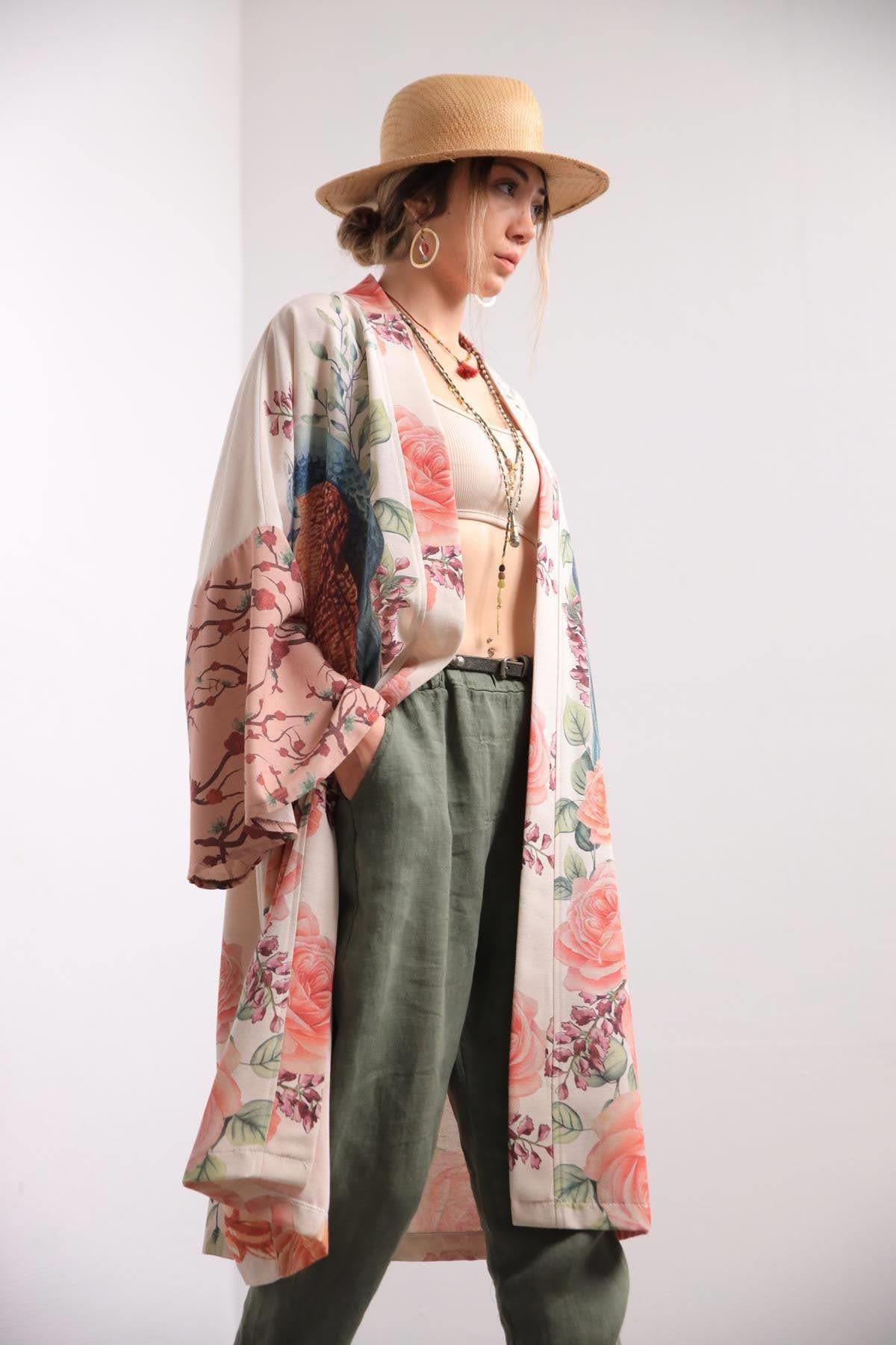 Krem Rengi Kuş Figürlü Kaftan - Şaman Butik Krem Rengi Kuş Figürlü Kaftan