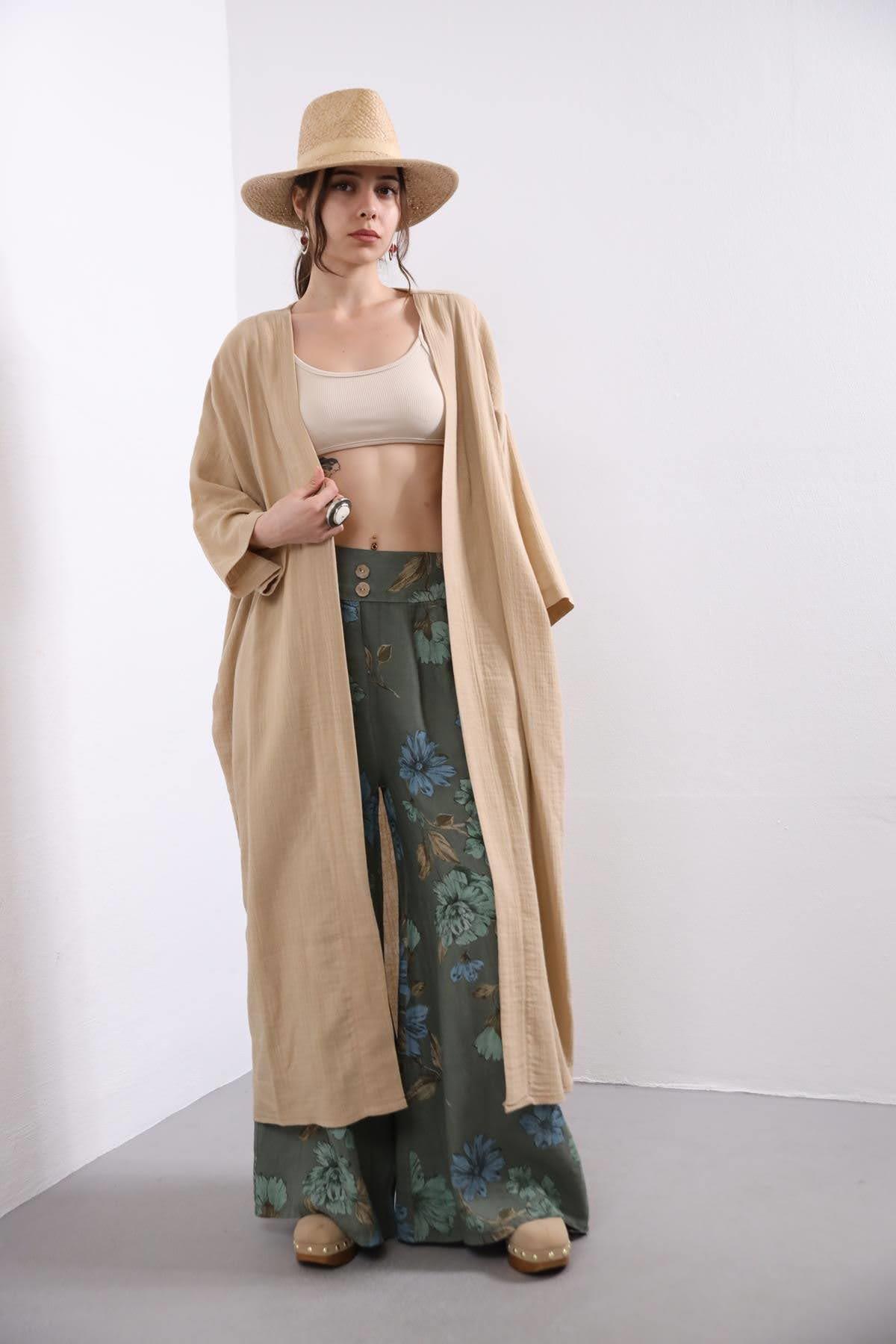 Krem Rengi Uzun Kaftan - Şaman Butik Krem Rengi Uzun Kaftan