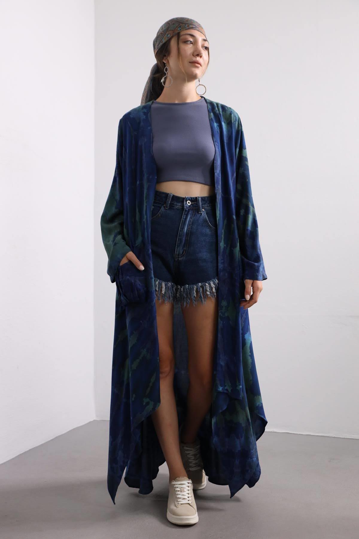 Lacivert Batik Desenli Cep Detay Kaftan - Şaman Butik Lacivert Batik Desenli Cep Detay Kaftan