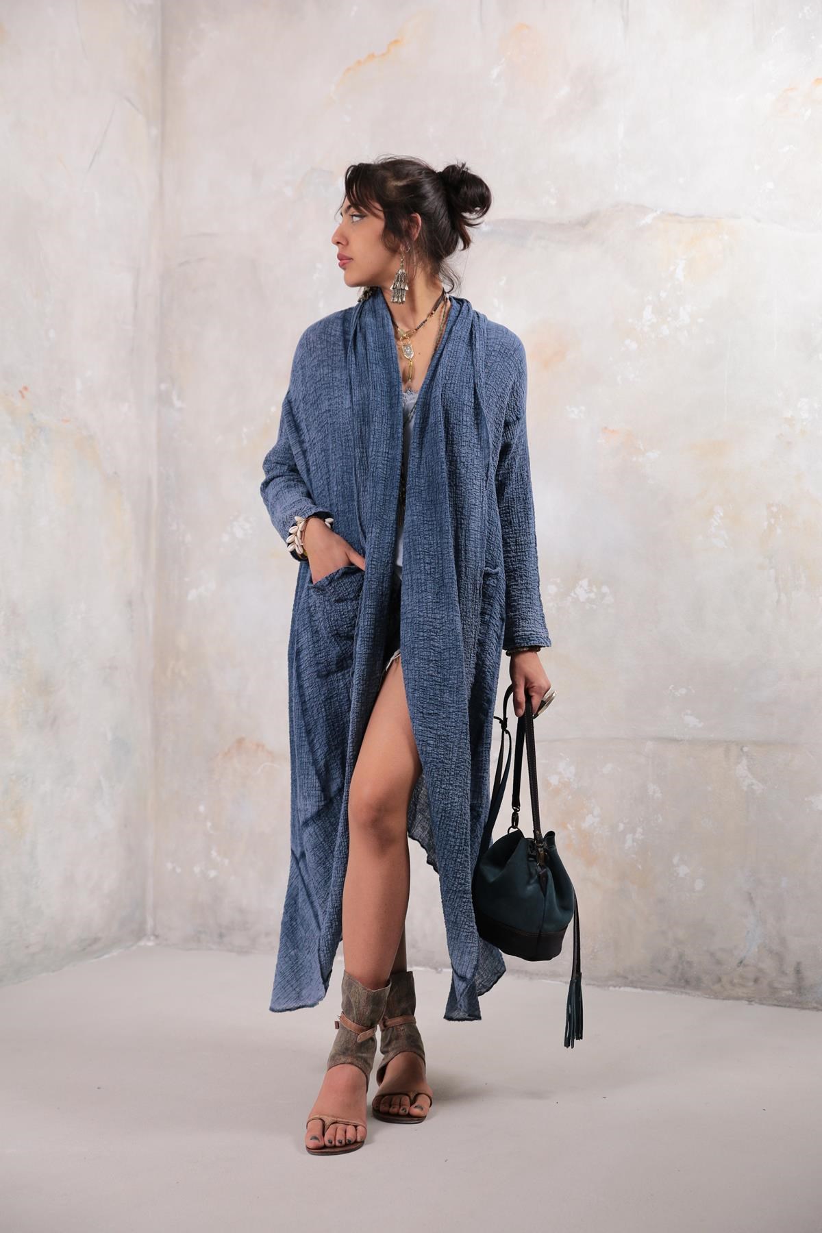  Lacivert Kabartma Detay Cepli Kaftan