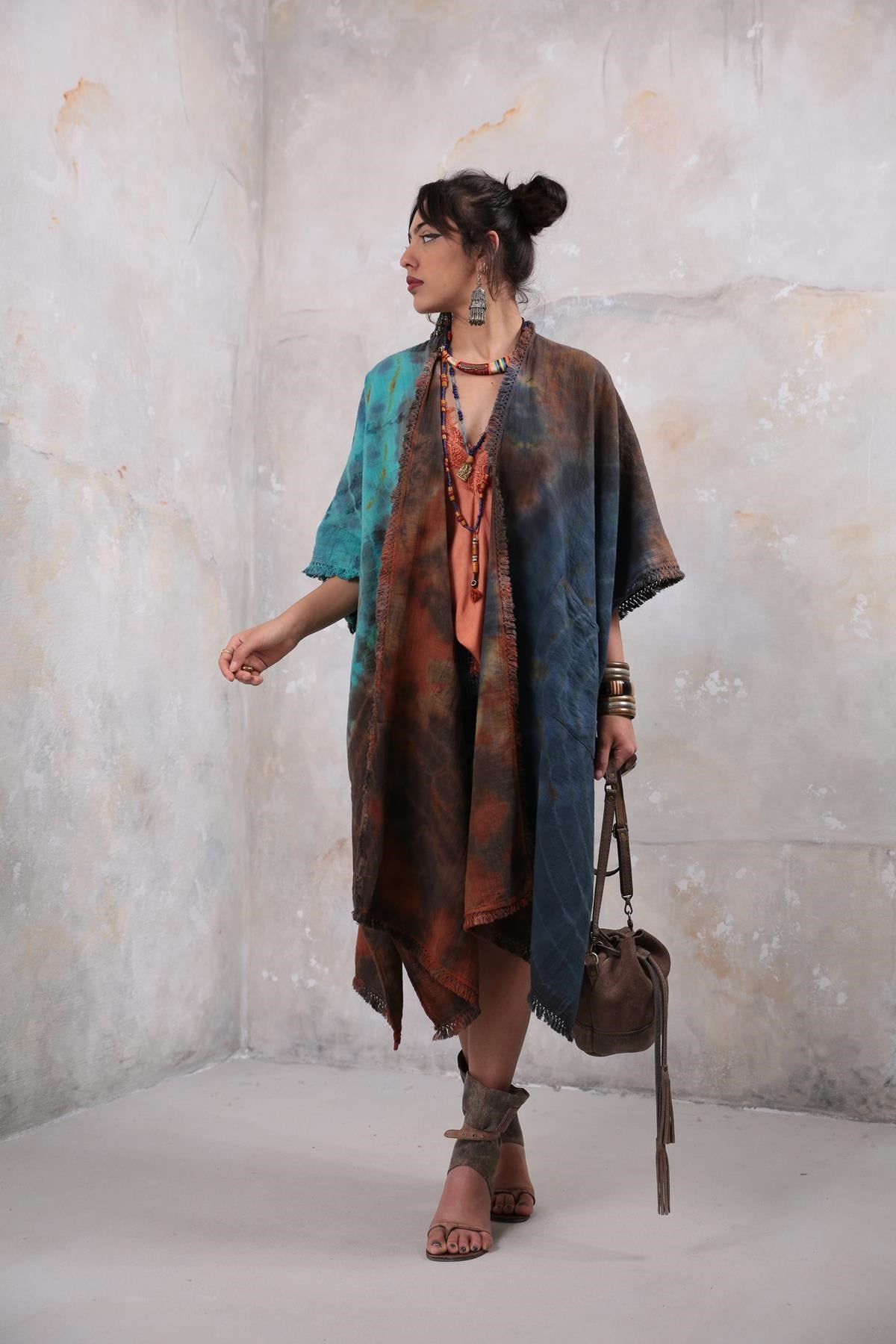 Lacivert Kahve Desenli Batikli Kaftan - Şaman Butik Lacivert Kahve Desenli Batikli Kaftan