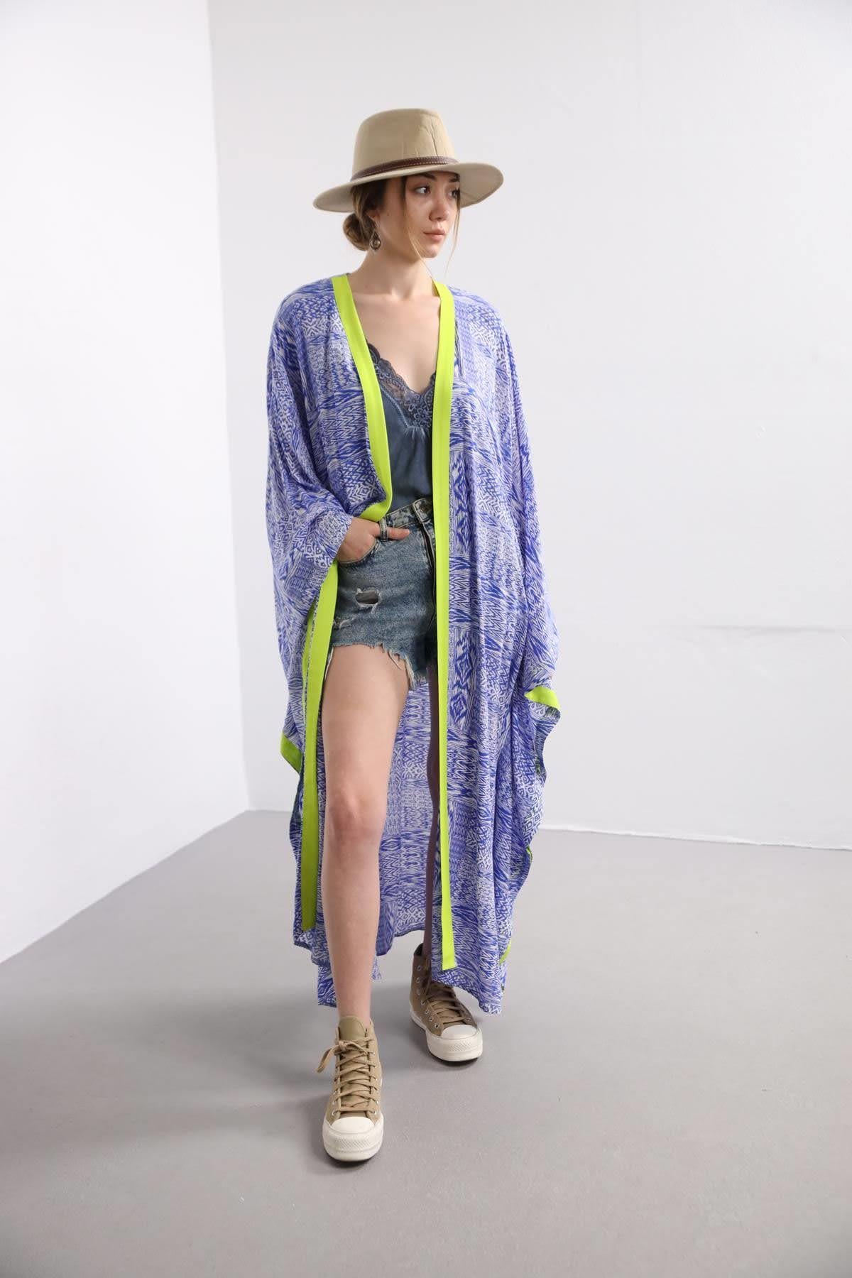 Mavi Desenli Arkası Göz Figürlü Kimono - Şaman Butik Mavi Desenli Arkası Göz Figürlü Kimono