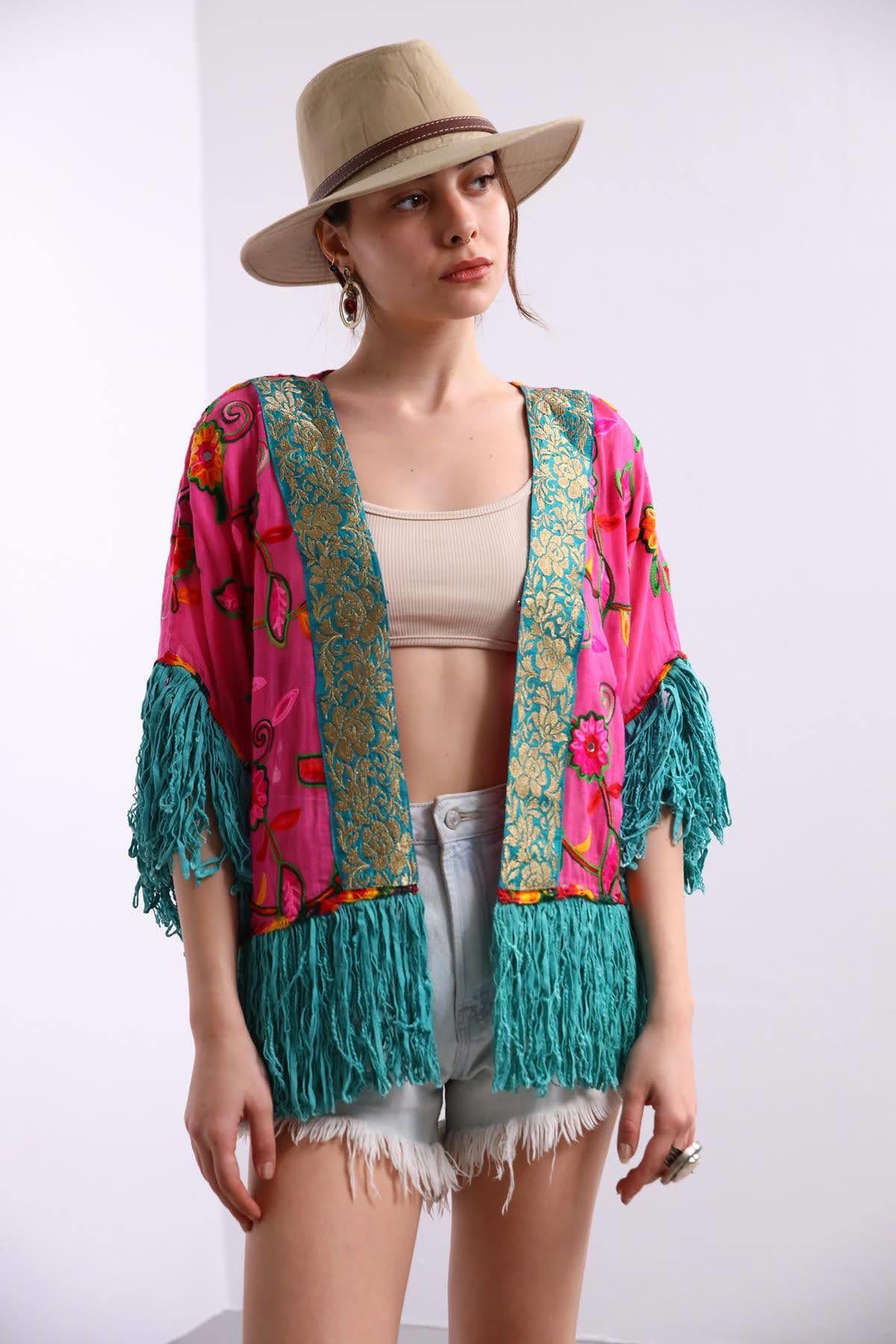 Mint Yeşili Püsküllü Kısa Pul Detaylı Kaftan - Şaman Butik Mint Yeşili Püsküllü Kısa Pul Detaylı Kaftan