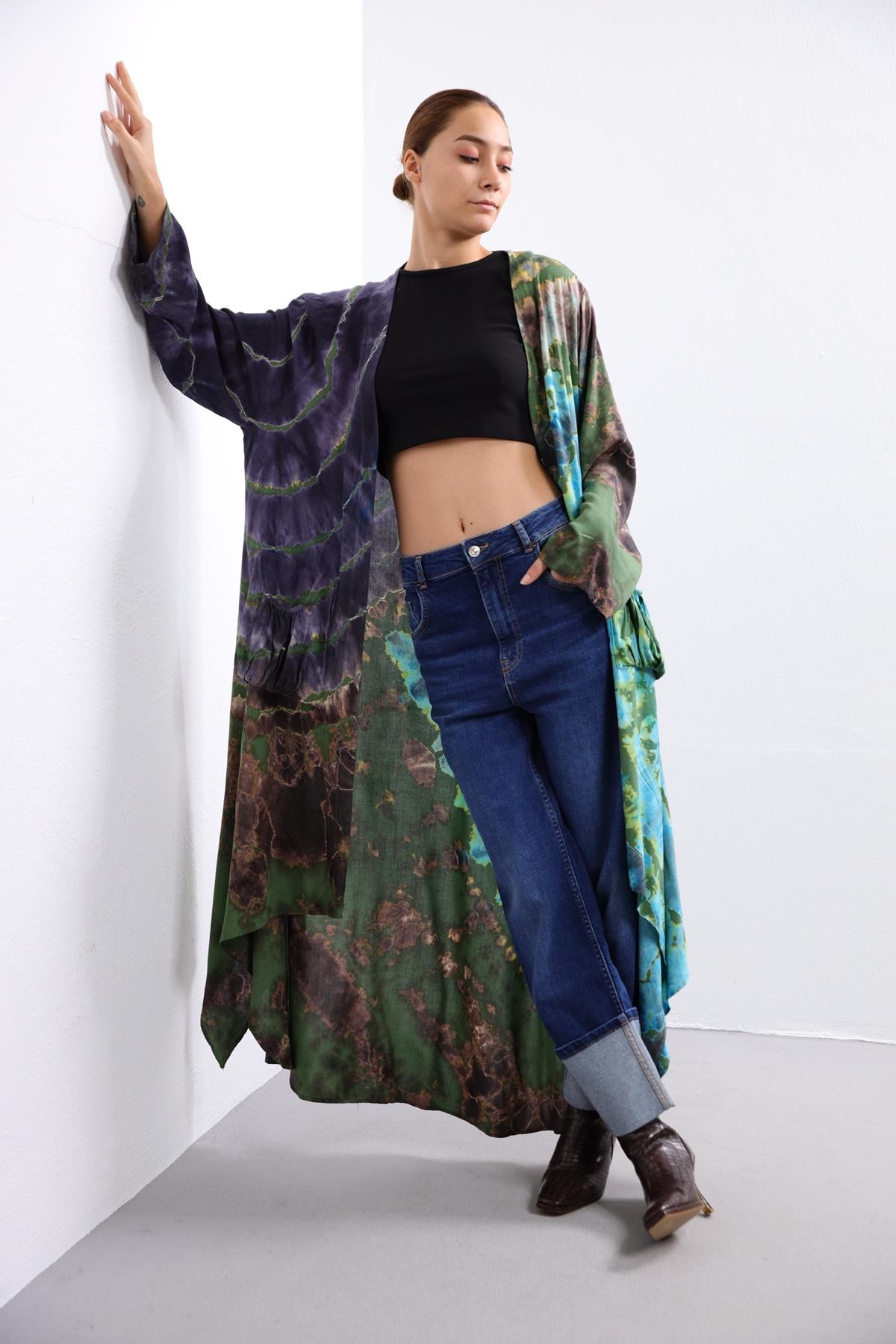 Mor Batik Desenli Cep Detay Kaftan - Şaman Butik Mor Batik Desenli Cep Detay Kaftan 