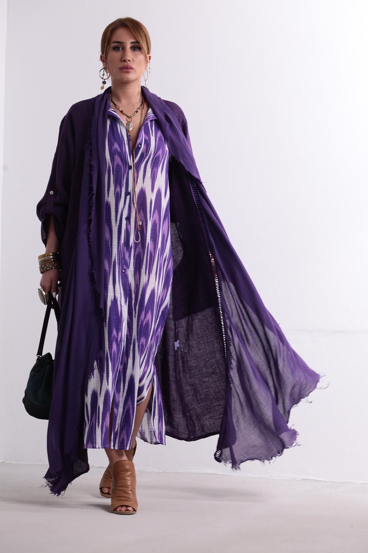 Mor Sırt Detaylı Keten Kaftan - Şaman Butik Mor Sırt Detaylı Keten Kaftan