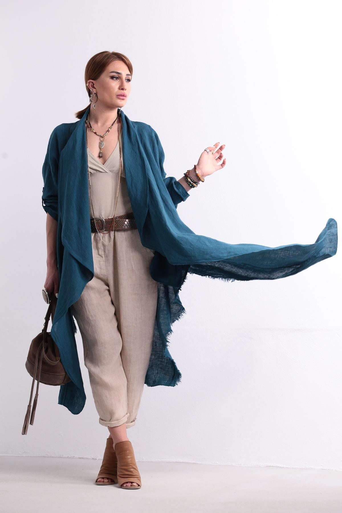 Petrol Mavisi Asimetrik Keten Kaftan - Şaman Butik Petrol Mavisi Asimetrik Keten Kaftan