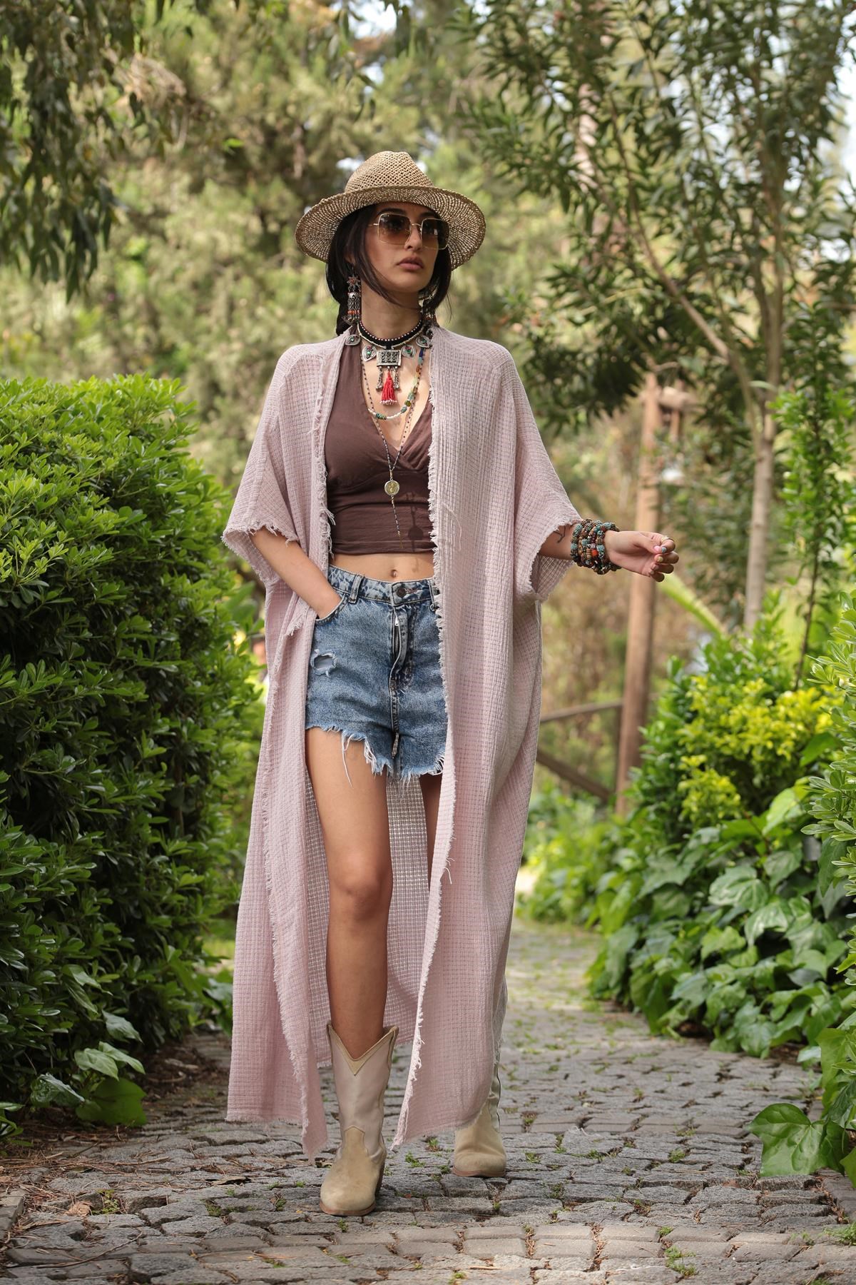 Pudra Pembe Pamuk İplik Salaş Kaftan - Şaman Butik Pudra Pembe Pamuk İplik Salaş Kaftan
