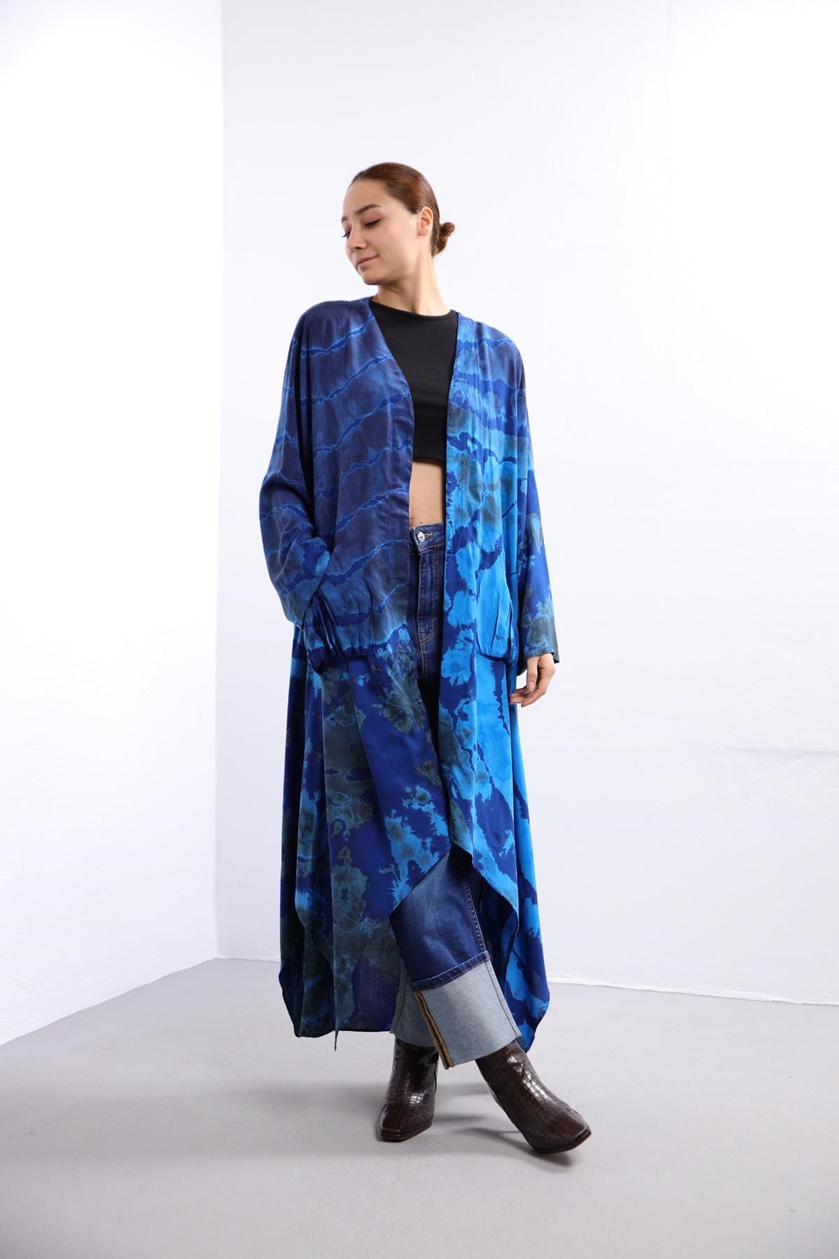 Saks Mavisi Batik Desenli Cep Detay Kaftan - Şaman Butik Saks Mavisi Batik Desenli Cep Detay Kaftan 