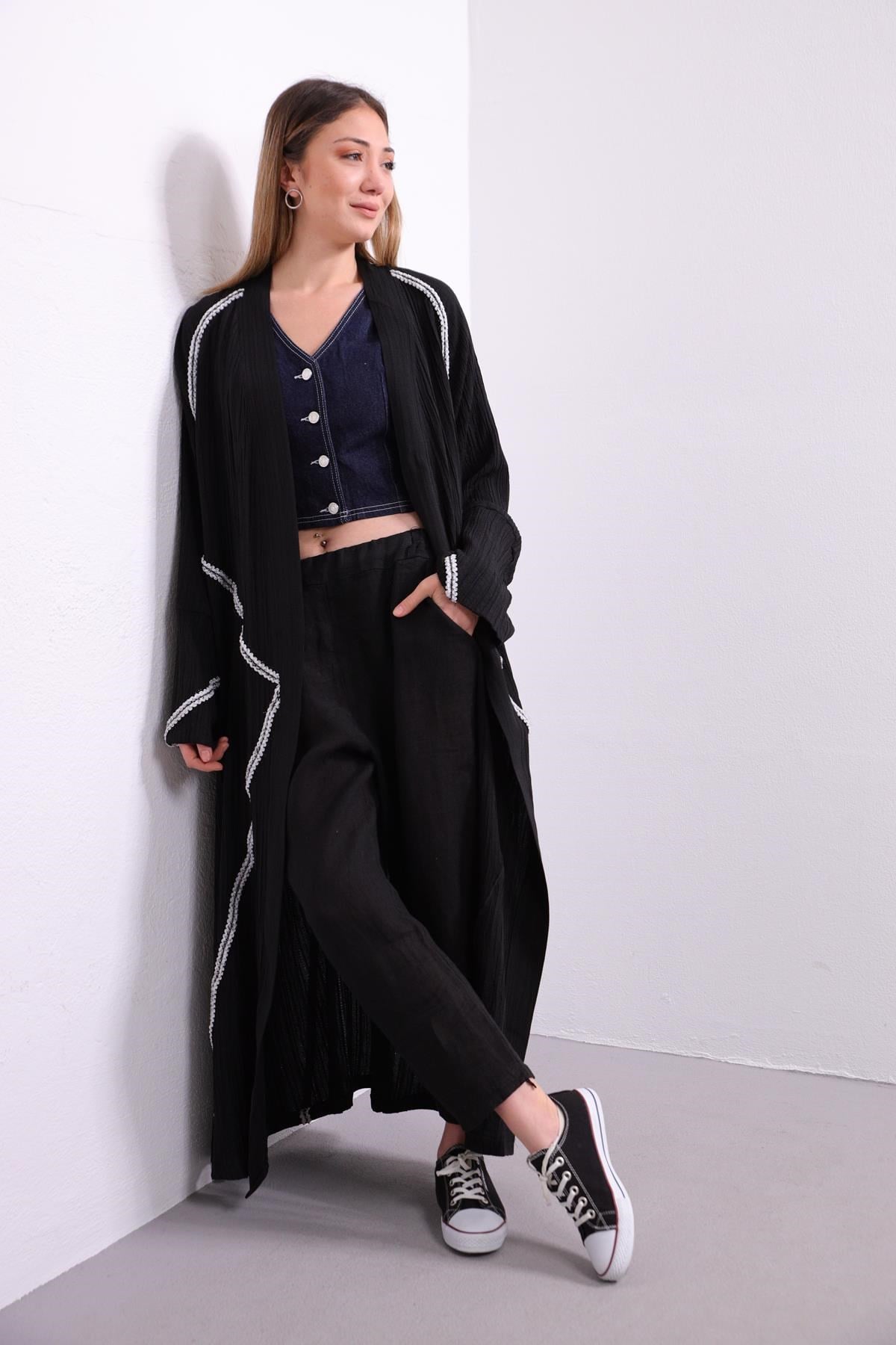 Siyah Şerit Dantelli Uzun Kimono - Şaman Butik Siyah Şerit Dantelli Uzun Kimono