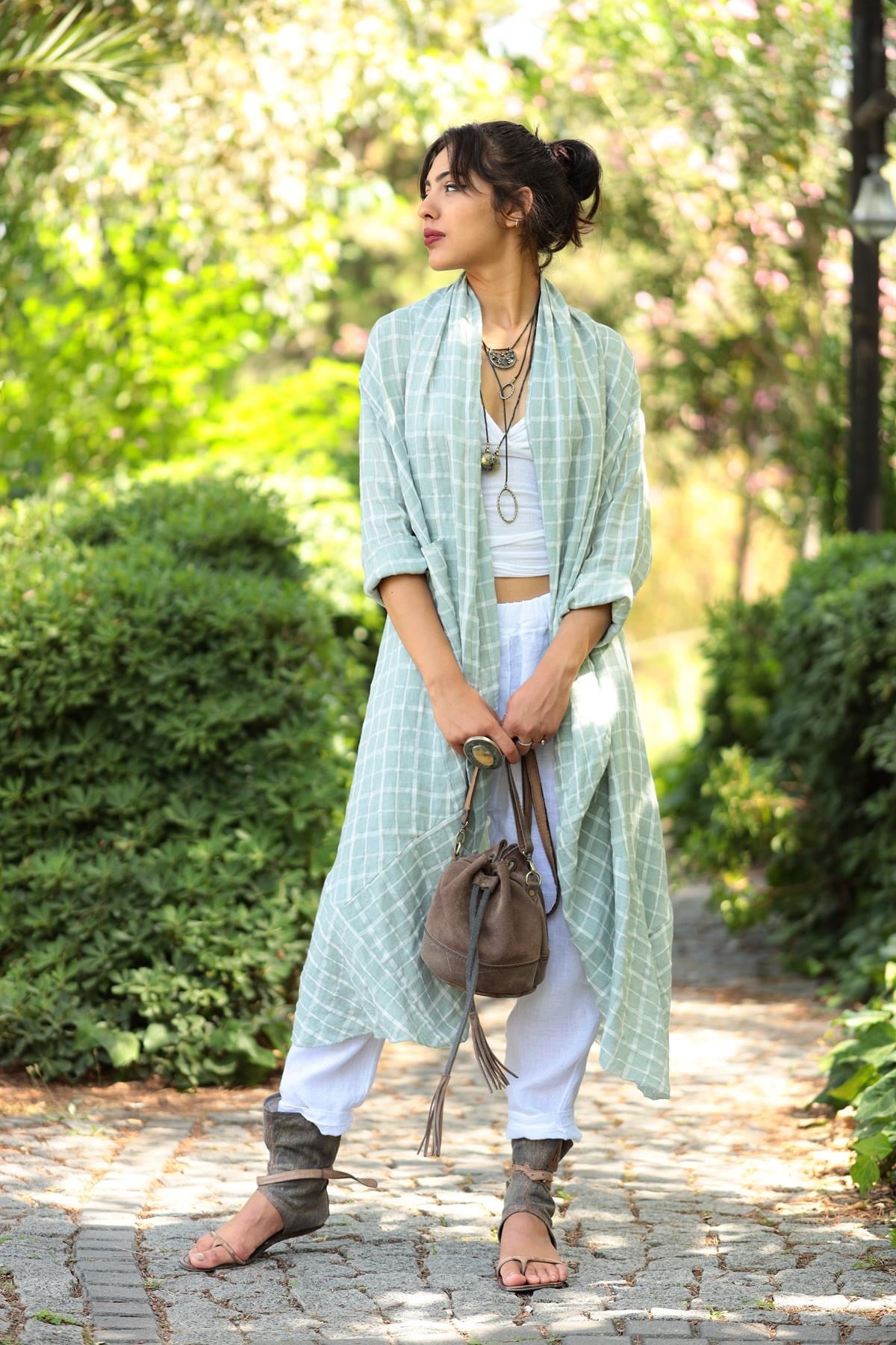 Su Yeşili Kareli Cepli Keten Kaftan - Şaman Butik Su Yeşili Kareli Cepli Keten Kaftan