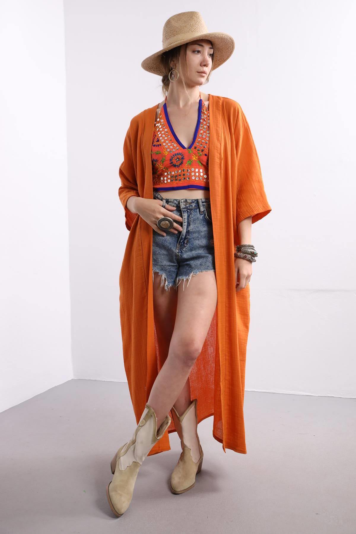 Turuncu Uzun Kaftan - Şaman Butik Turuncu Uzun Kaftan