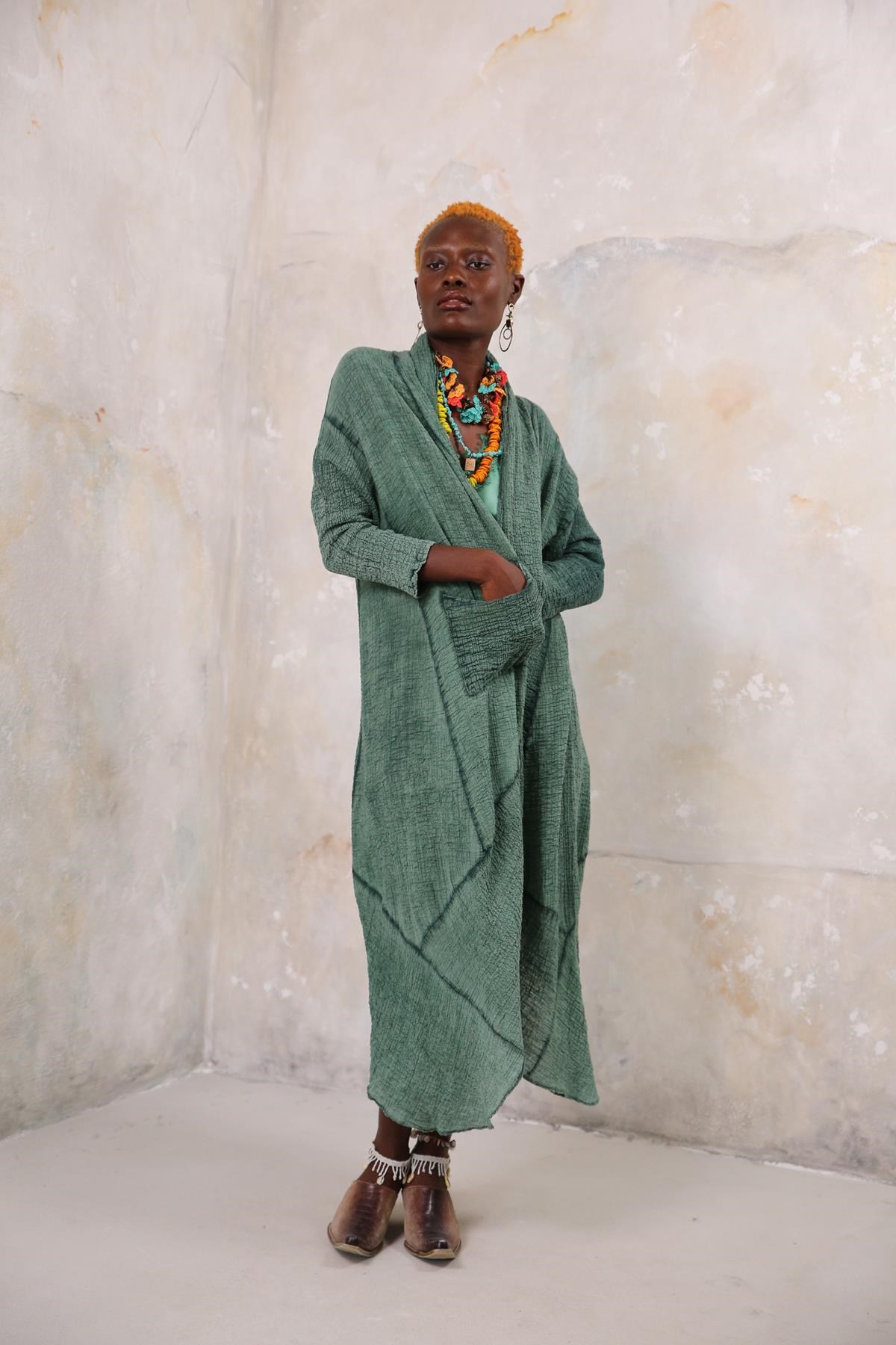 Yeşil Kabartma Detay Cepli Kaftan - Şaman Butik Yeşil Kabartma Detay Cepli Kaftan