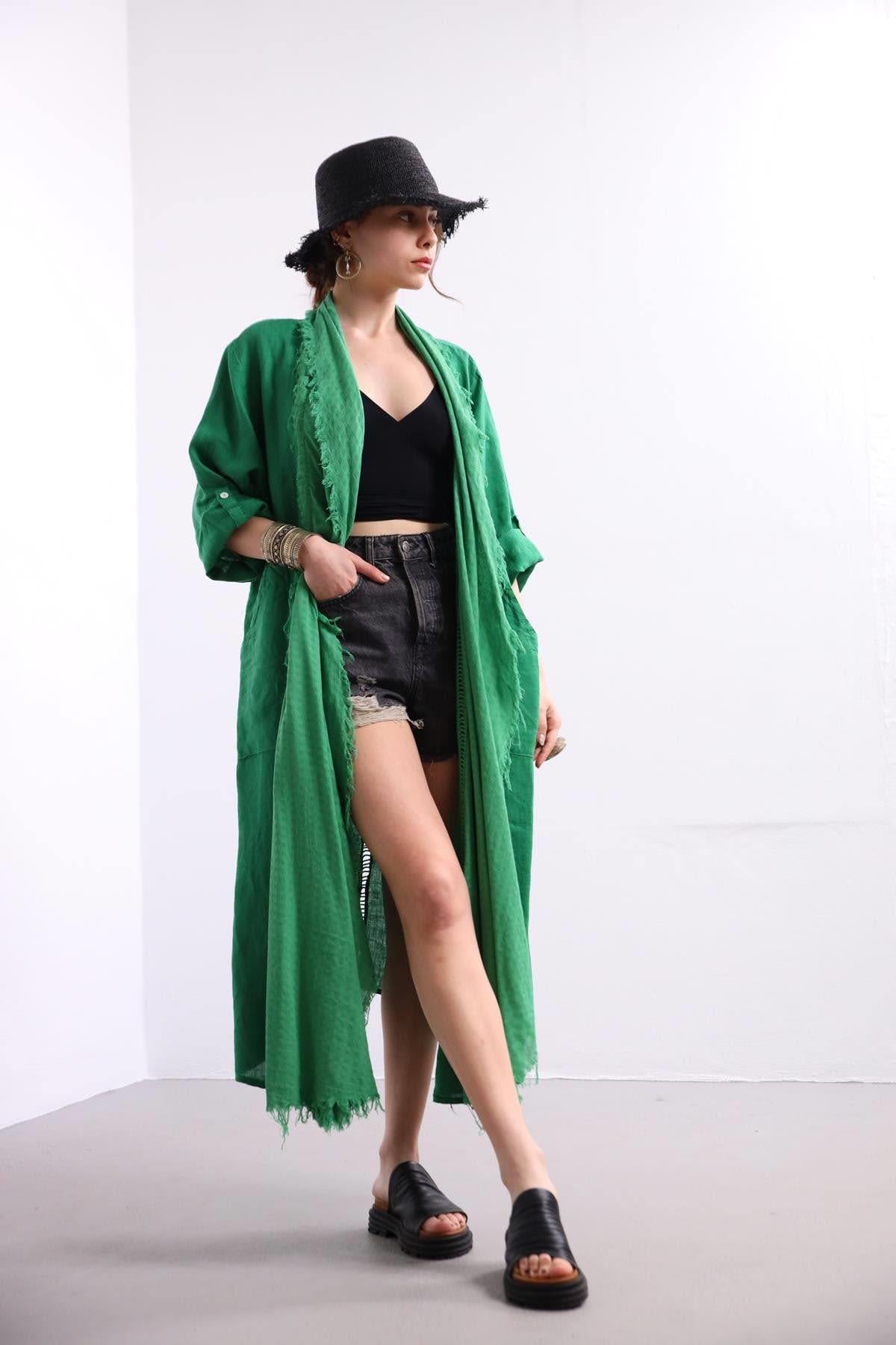 Yeşil Sırt Detaylı Keten Kaftan - Şaman Butik Yeşil Sırt Detaylı Keten Kaftan
