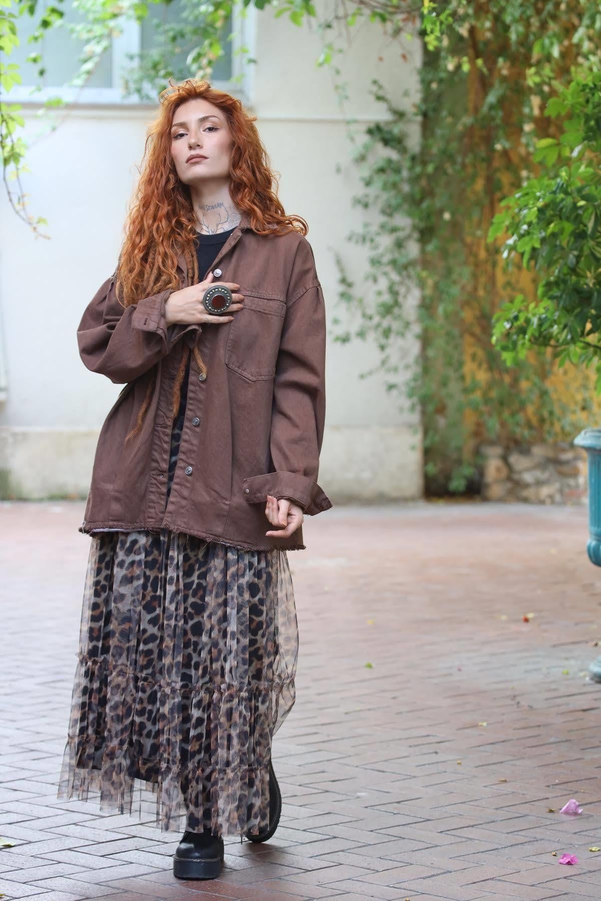Brown Double Pocket Tassel Hem Denim Jacket