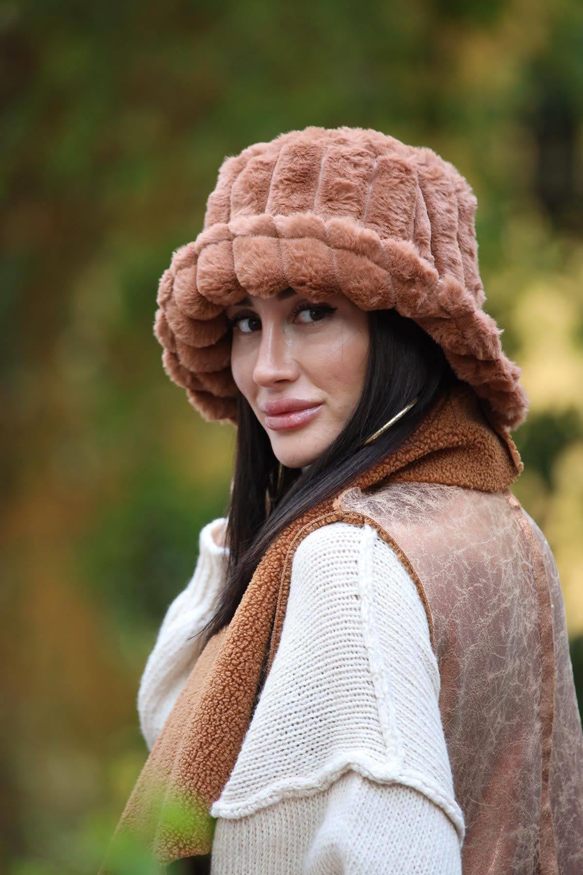 Kahverengi Peluş Bucket Şapka
