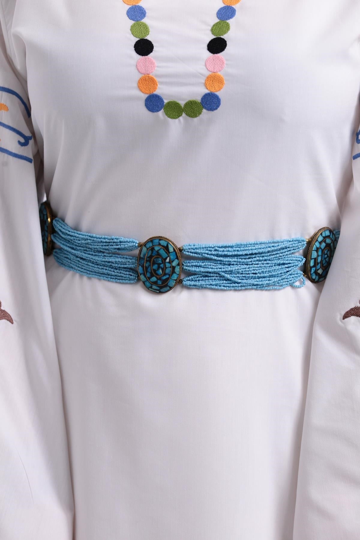 Turkuaz Boncuk Detaylı Tasarım Kemer - Şaman Butik Turkuaz Boncuk Detaylı Tasarım Kemer
