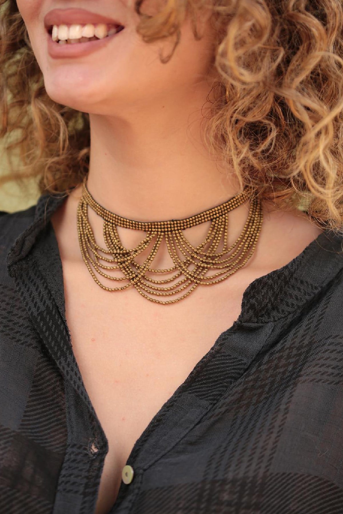 Bronz Boncuk İşlemeli Sallantılı Tasma Kolye - Şaman Butik Bronz Boncuk İşlemeli Sallantılı Tasma Kolye