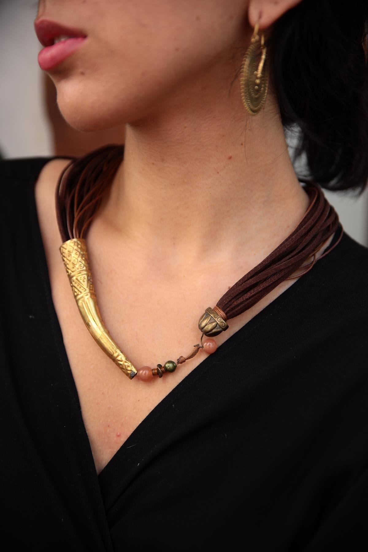Bronz Fil Dişi Tasarım Çoklu Deri Kayışlı Kolye - Şaman Butik Bronz Fil Dişi Tasarım Çoklu Deri Kayışlı Kolye