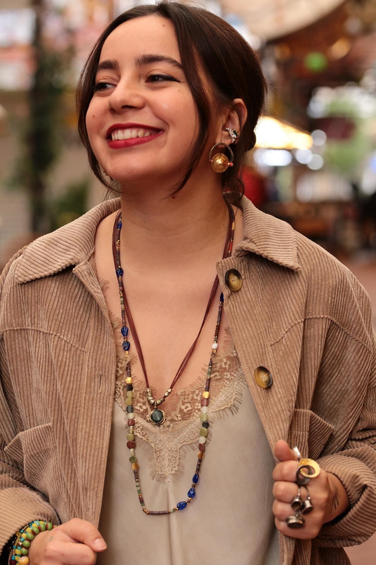 Bronz Mercan Ve Lapis Tasarım Uzun Kolye - Şaman Butik Bronz Mercan Ve Lapis Tasarım Uzun Kolye