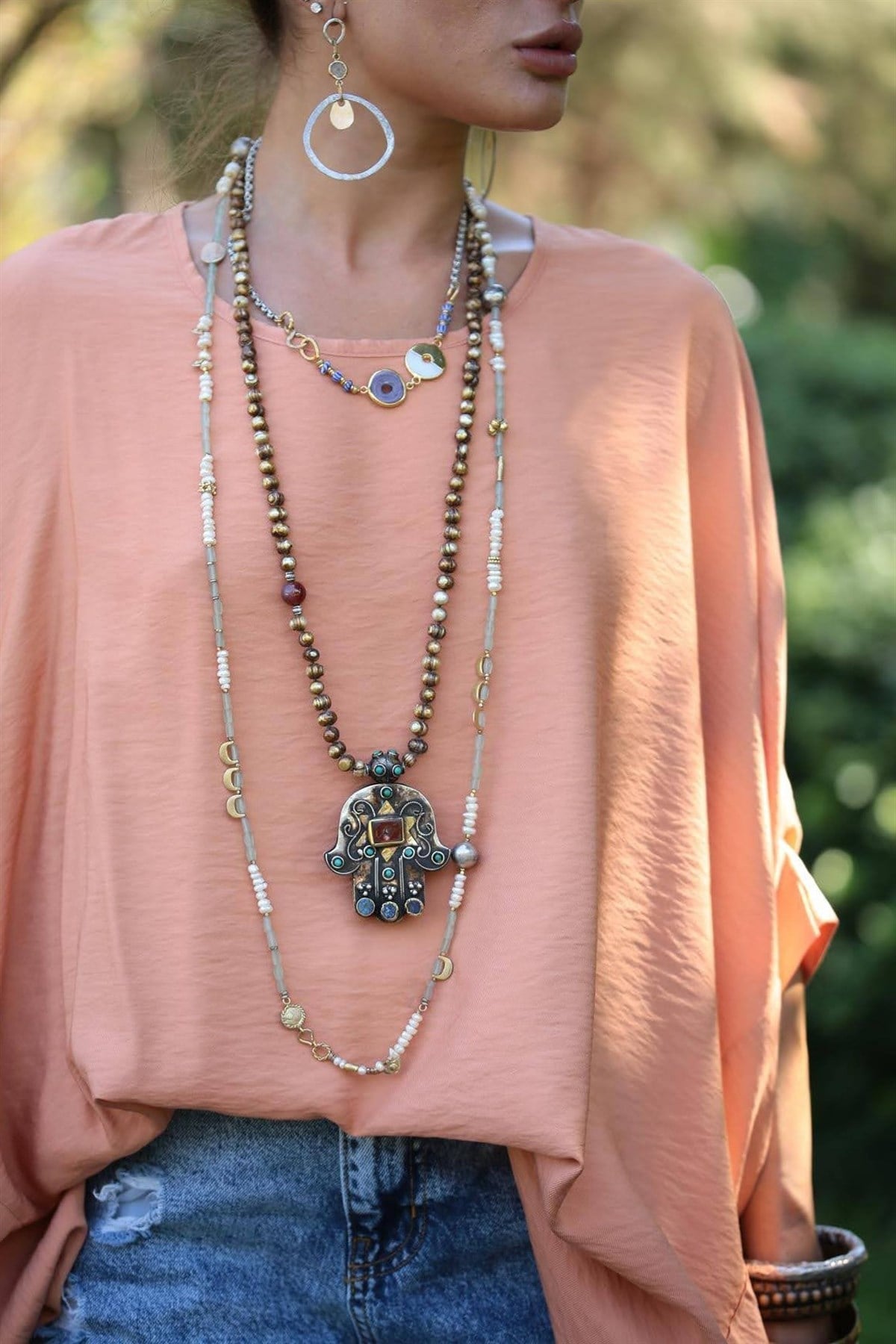 Fatma'nın Eli Tasarım Eskitme Su İncili Uzun Kolye - Şaman Butik Fatma'nın Eli Tasarım Eskitme Su İncili Uzun Kolye