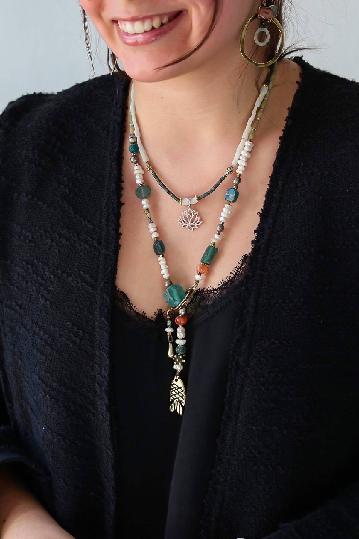 Gümüş Lotus Detaylı Yeşim Taşlı Tasarım Kısa Kolye - Şaman Butik Gümüş Lotus Detaylı Yeşim Taşlı Tasarım Kısa Kolye