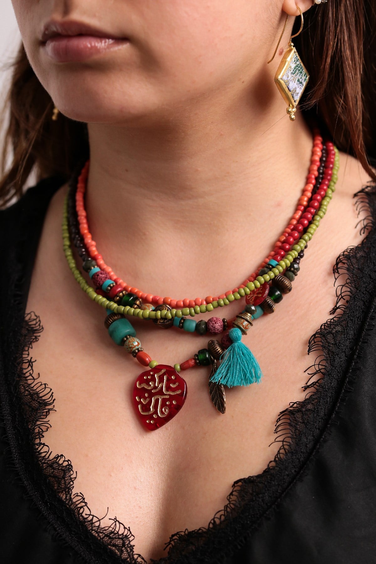 Red Glass Stone and Antique Piece Detail Natural Stone Multi Necklace - Saman Butik | Shop Online Red Glass Stone and Antique Piece Detail Natural Stone Multi Necklace