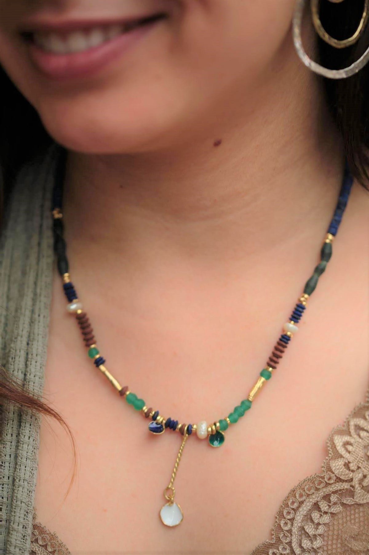Lapis Emaye Sallantı Detaylı Tasarım Kolye - Şaman Butik Lapis Emaye Sallantı Detaylı Tasarım Kolye