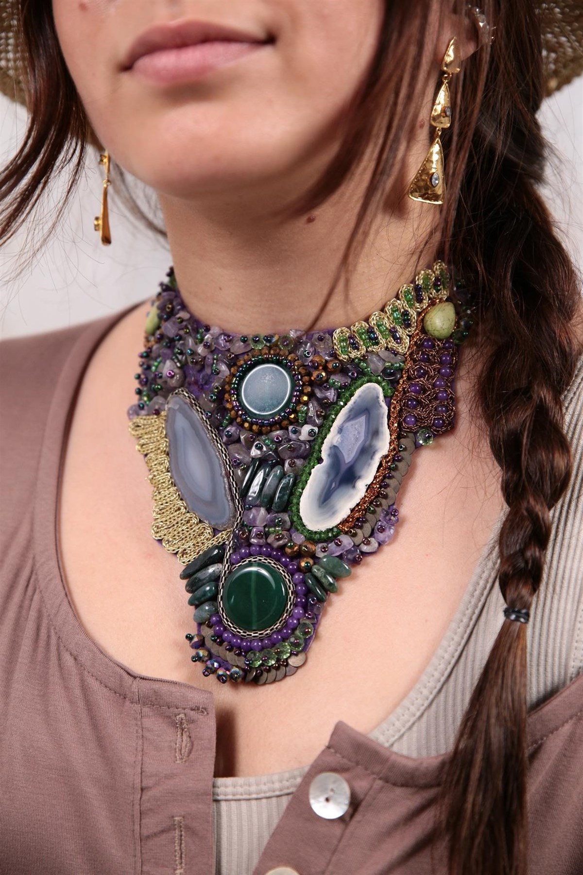 Mor Tabanlı Doğal Taşlı Tasarım Kolye - Şaman Butik Mor Tabanlı Doğal Taşlı Tasarım Kolye