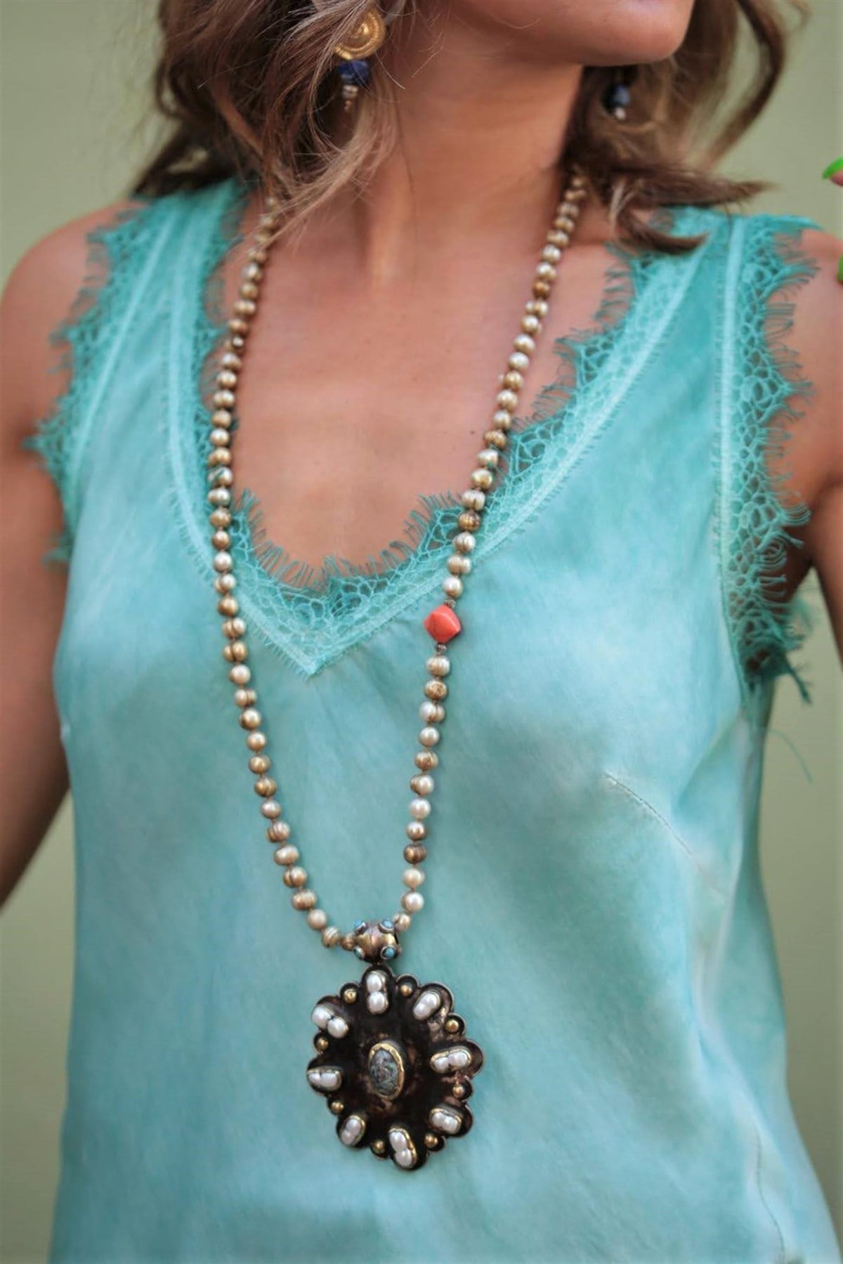 Su İncisi Turkuaz Eskitme Tasarım Uzun Kolye - Şaman Butik Su İncisi Turkuaz Eskitme Tasarım Uzun Kolye