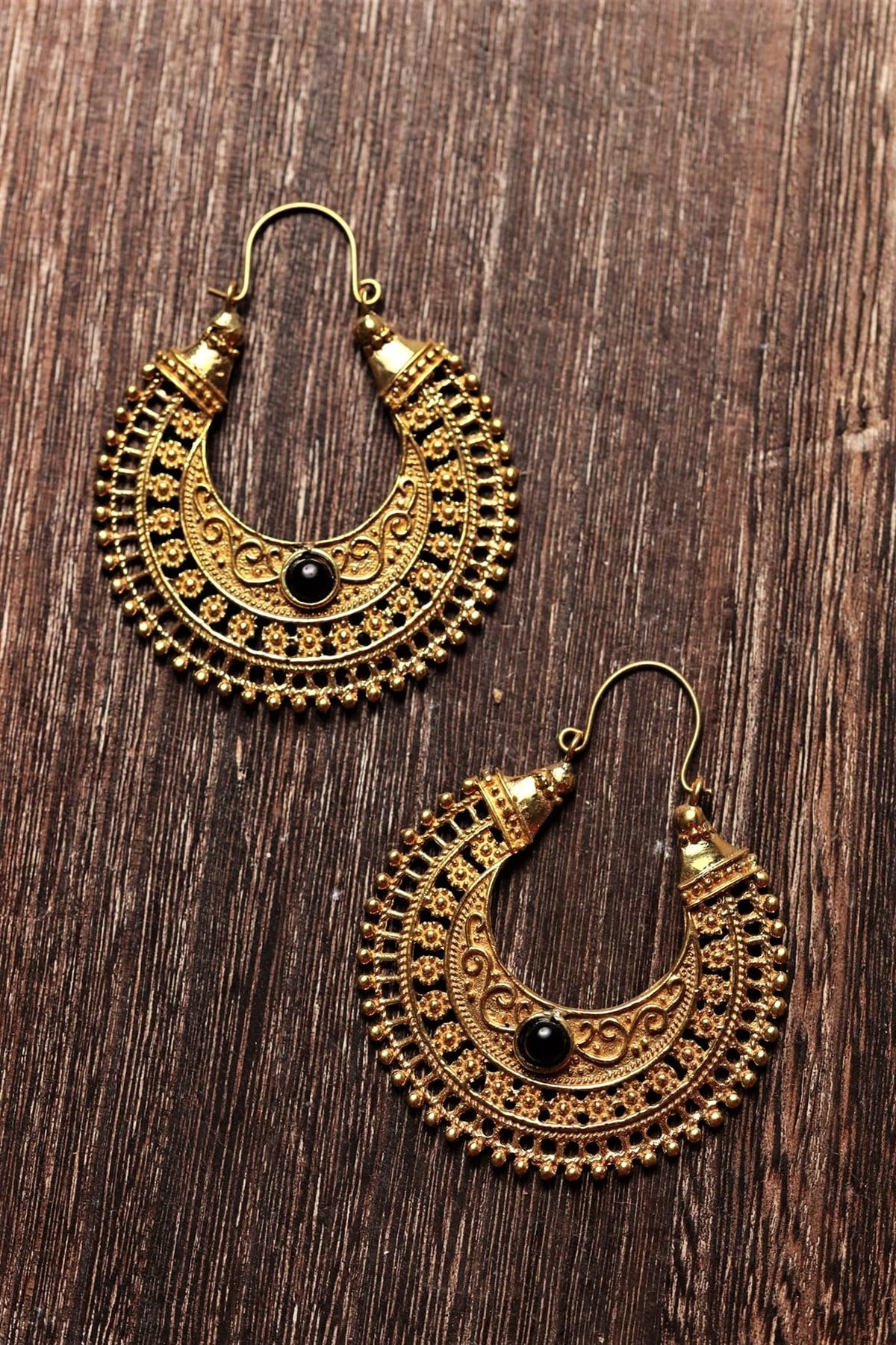  Bronz Antik İşlemeli Doğal Taşlı Tasarım Küpe
